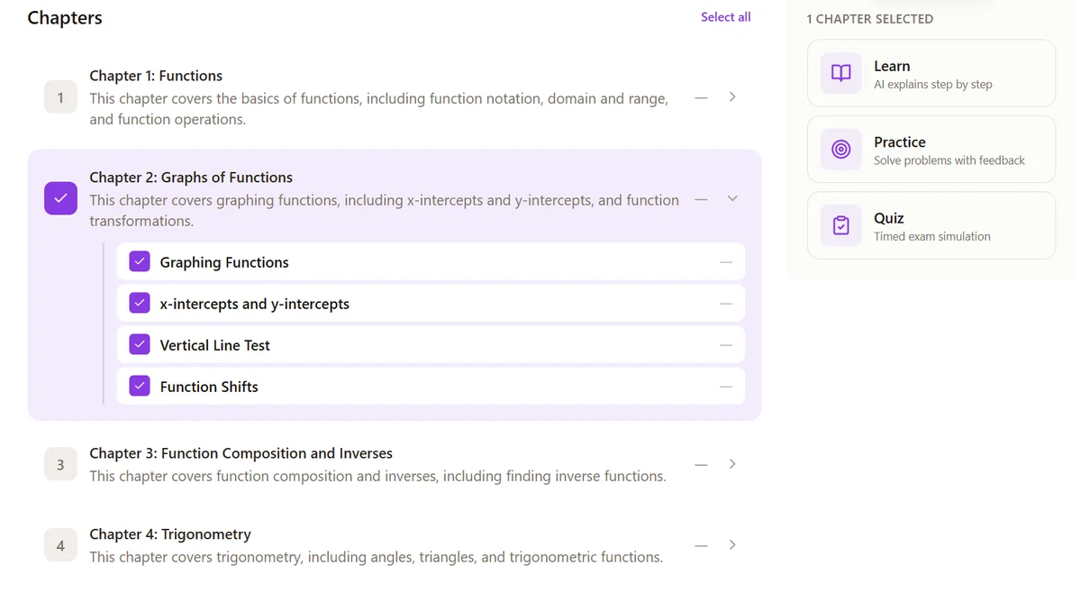 Grassroot generated course showing chapters and learning modes