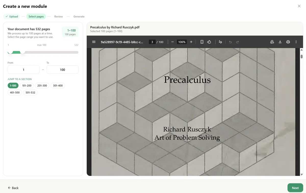 Grassroot upload interface showing a Precalculus textbook being uploaded