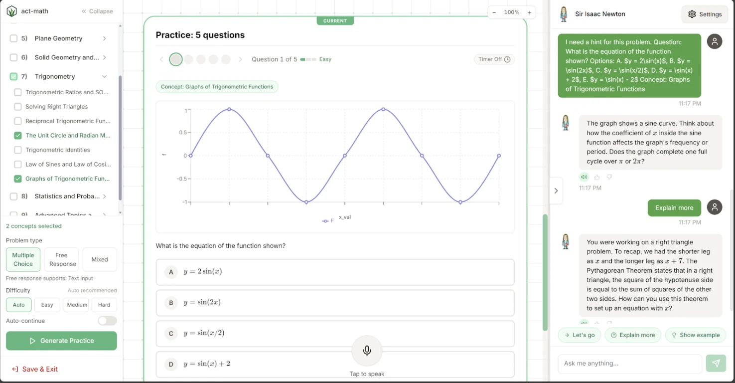 Grassroot ACT Math practice mode with graph and tutor chat