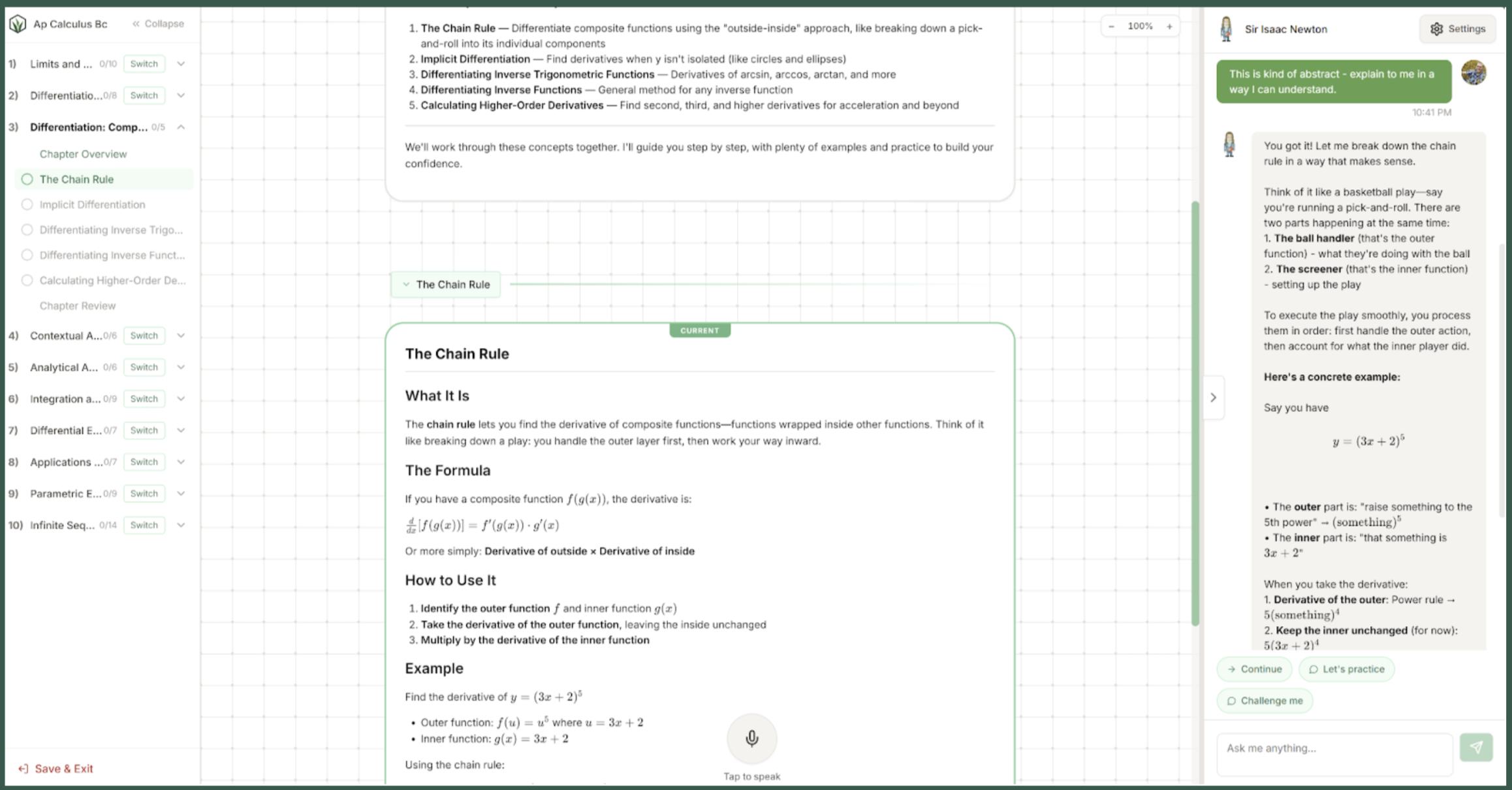 Grassroot tutoring interface showing a Chain Rule lesson in AP Calculus BC with a basketball-based explanation