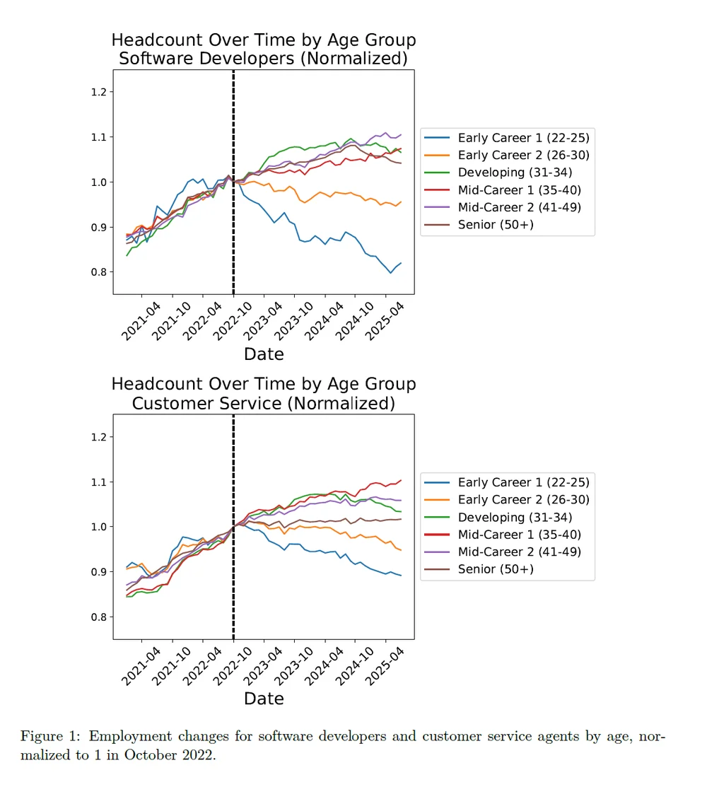 Chart showing employment trends for software developers and customer service professionals by age cohort