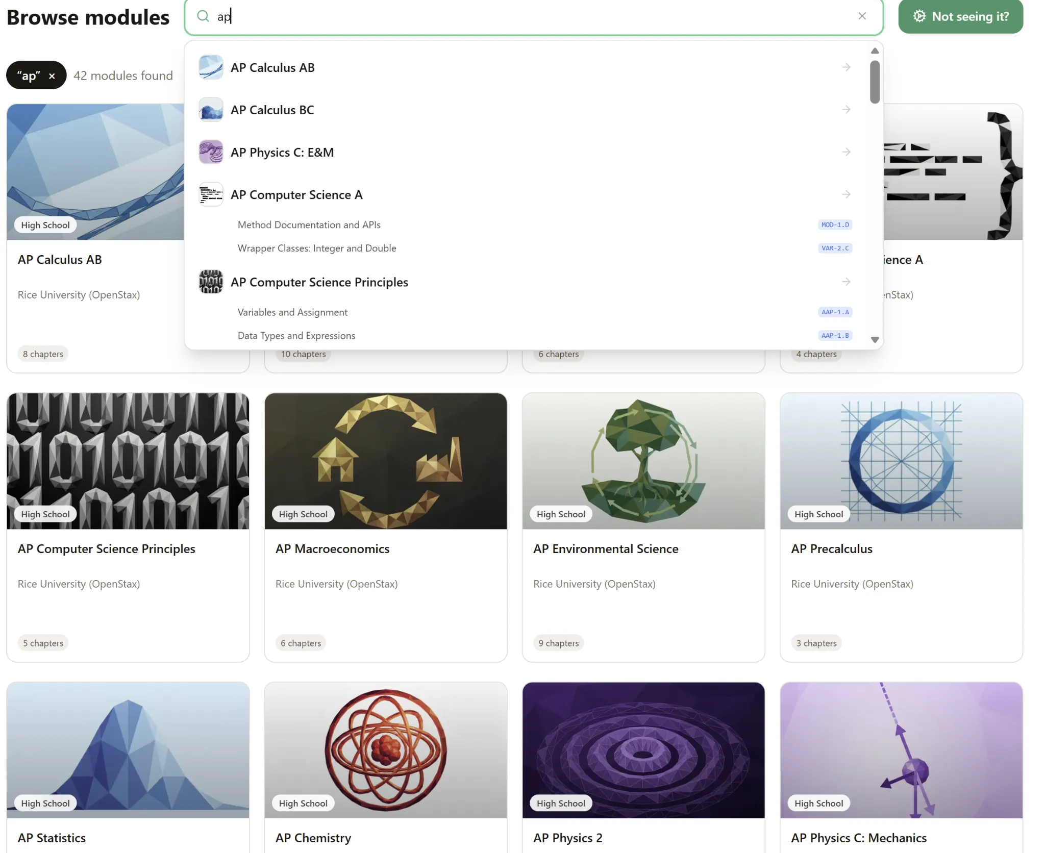 Screenshot of Grassroot's AP course catalog showing modules for AP Calculus, AP Computer Science, AP Macroeconomics, AP Environmental Science, AP Statistics, AP Chemistry, and more