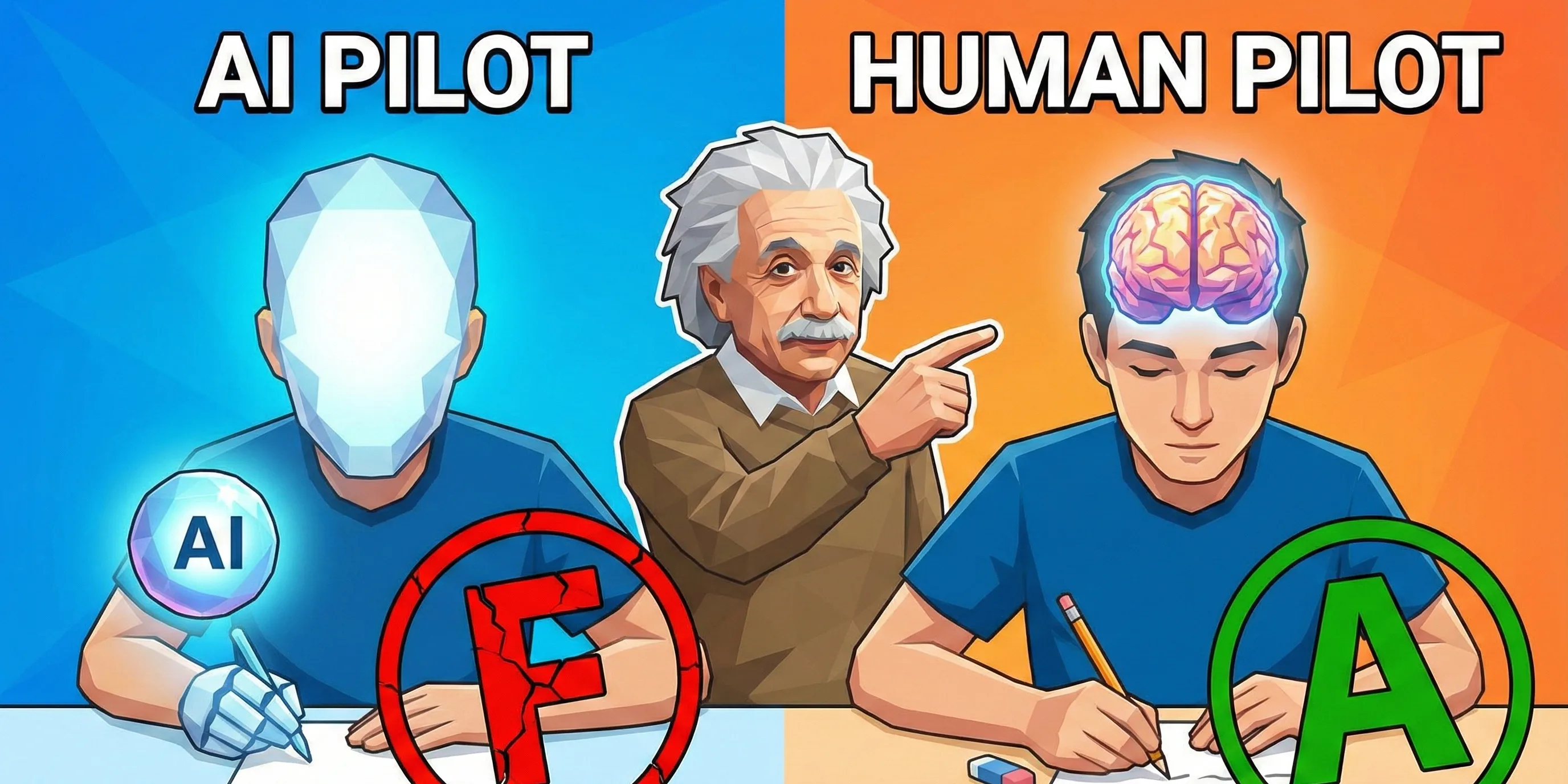 Student studying with AI on laptop while test scores decline on screen