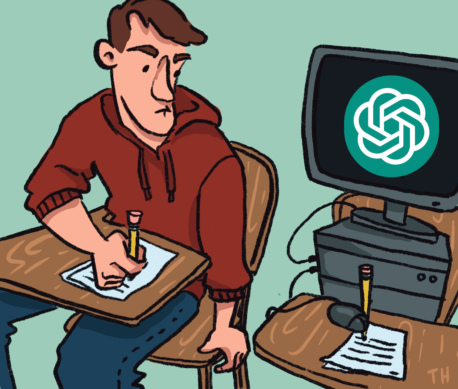 Student using ChatGPT on a laptop while surrounded by study materials