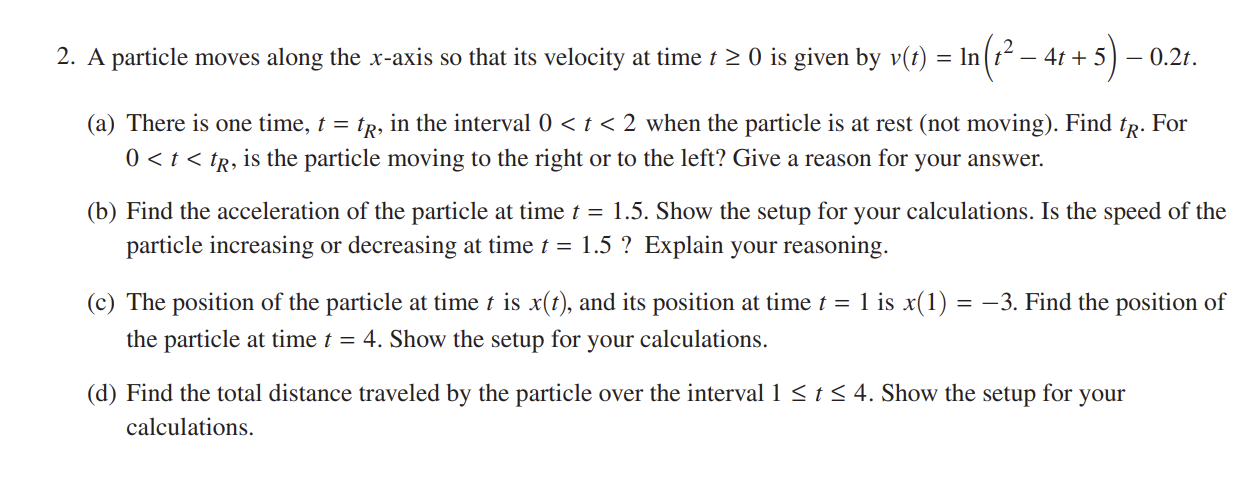 Screenshot of a 2024 AP Calculus AB free-response particle motion question