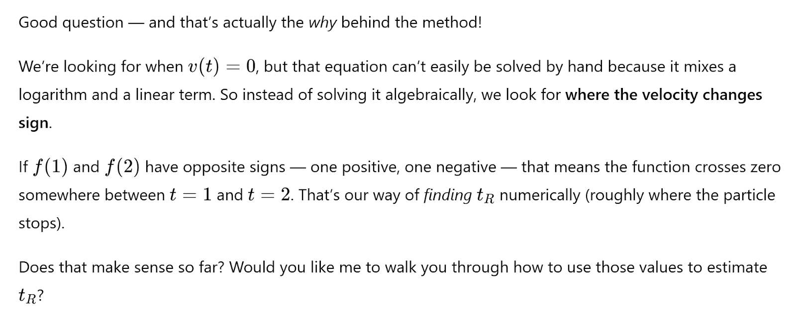 ChatGPT explanation discussing function values around a root without visual aids