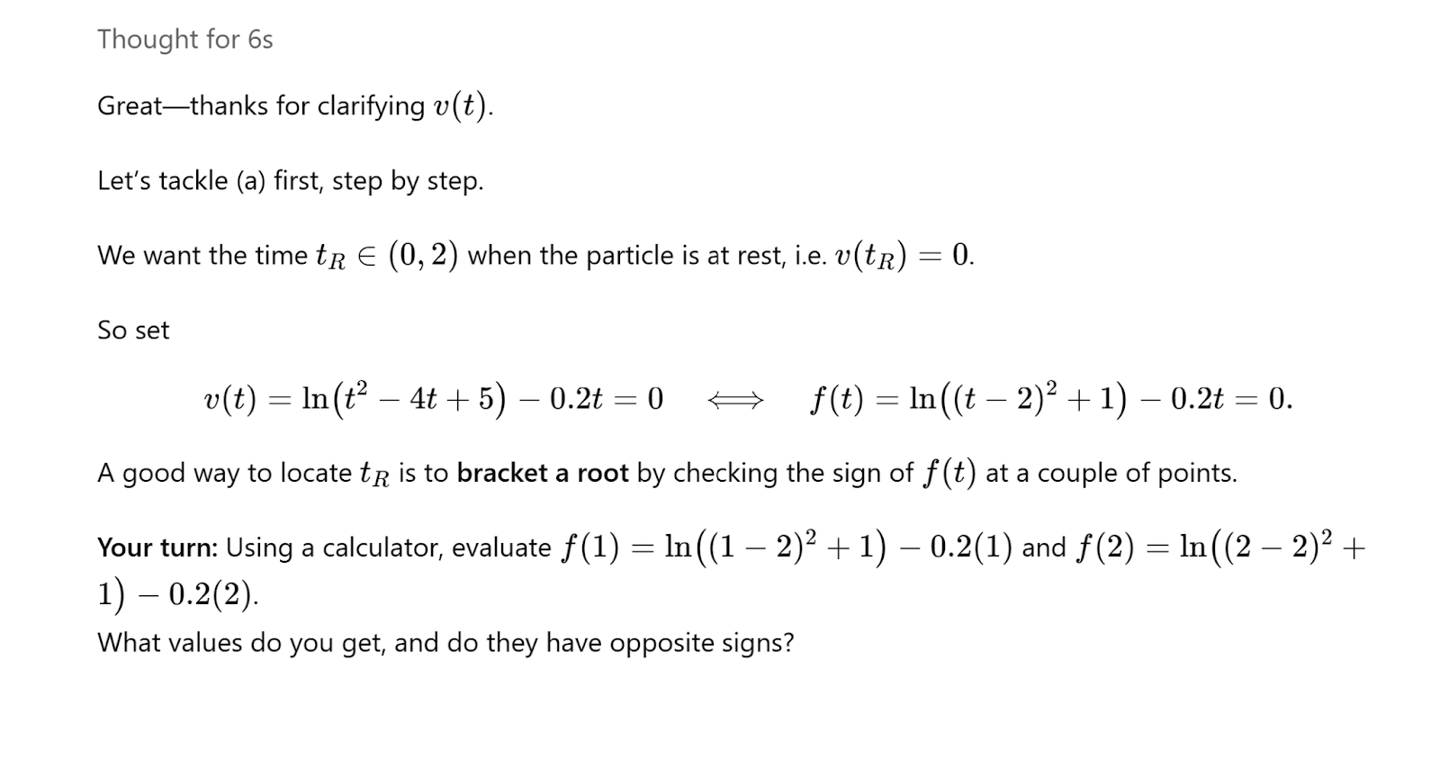 ChatGPT solution attempting to bracket a root for the calculus velocity problem