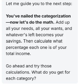 Grassroot tutor prompting a student to calculate percentages across budget categories