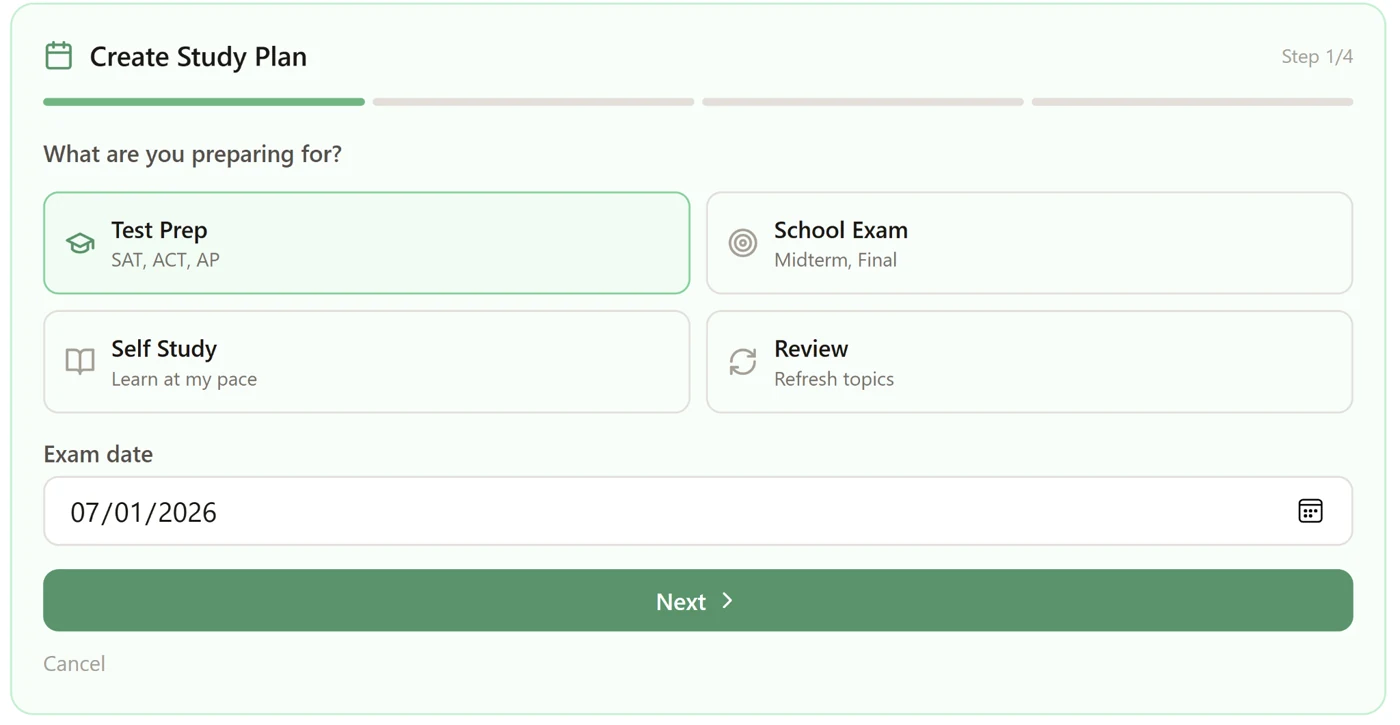 Grassroot Create Study Plan Step 1: choose what you are preparing for — Test Prep, School Exam, Self Study, or Review — and set an exam date
