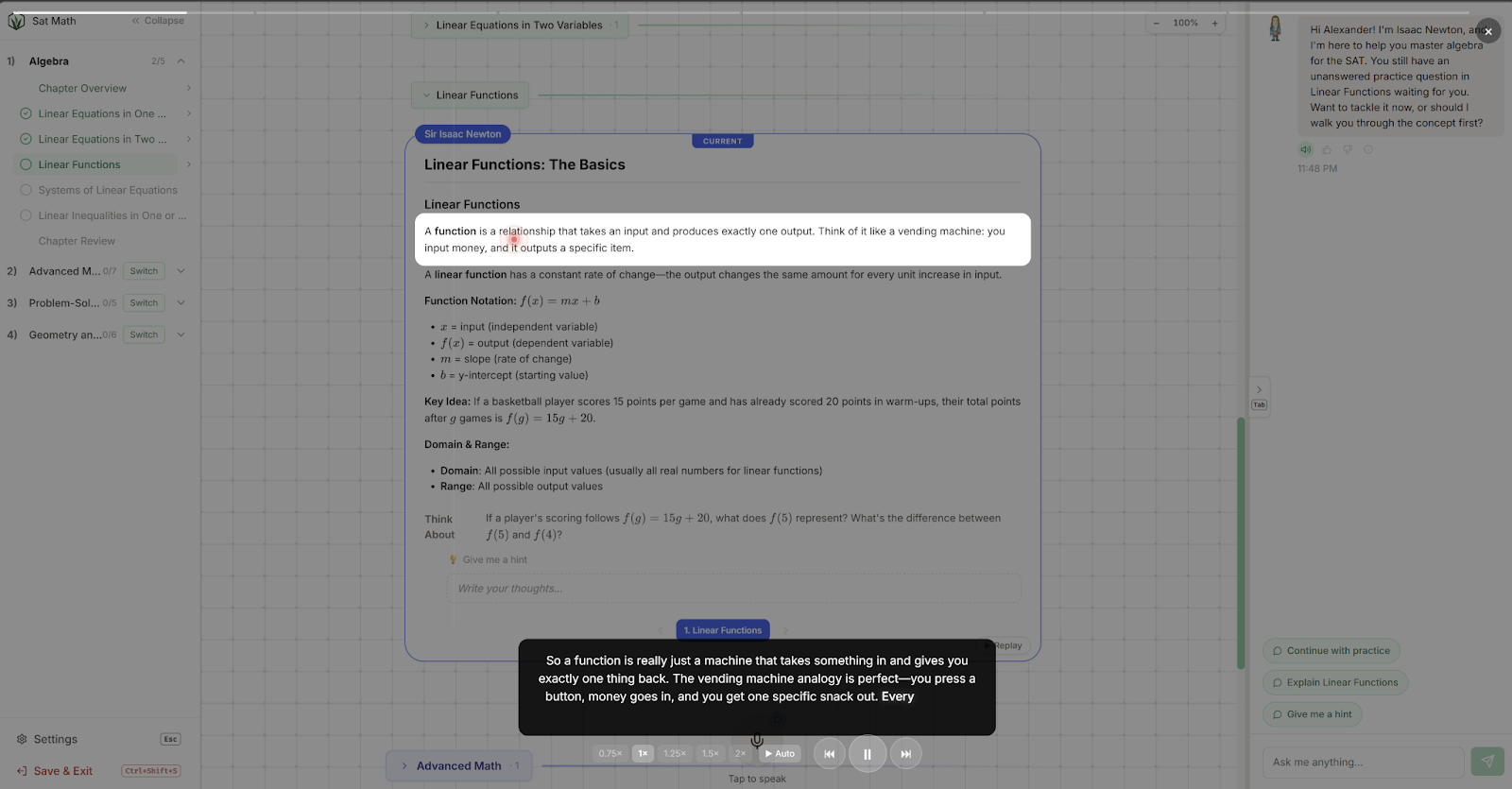 Grassroot lesson view teaching linear functions with concept notes and tutor guidance