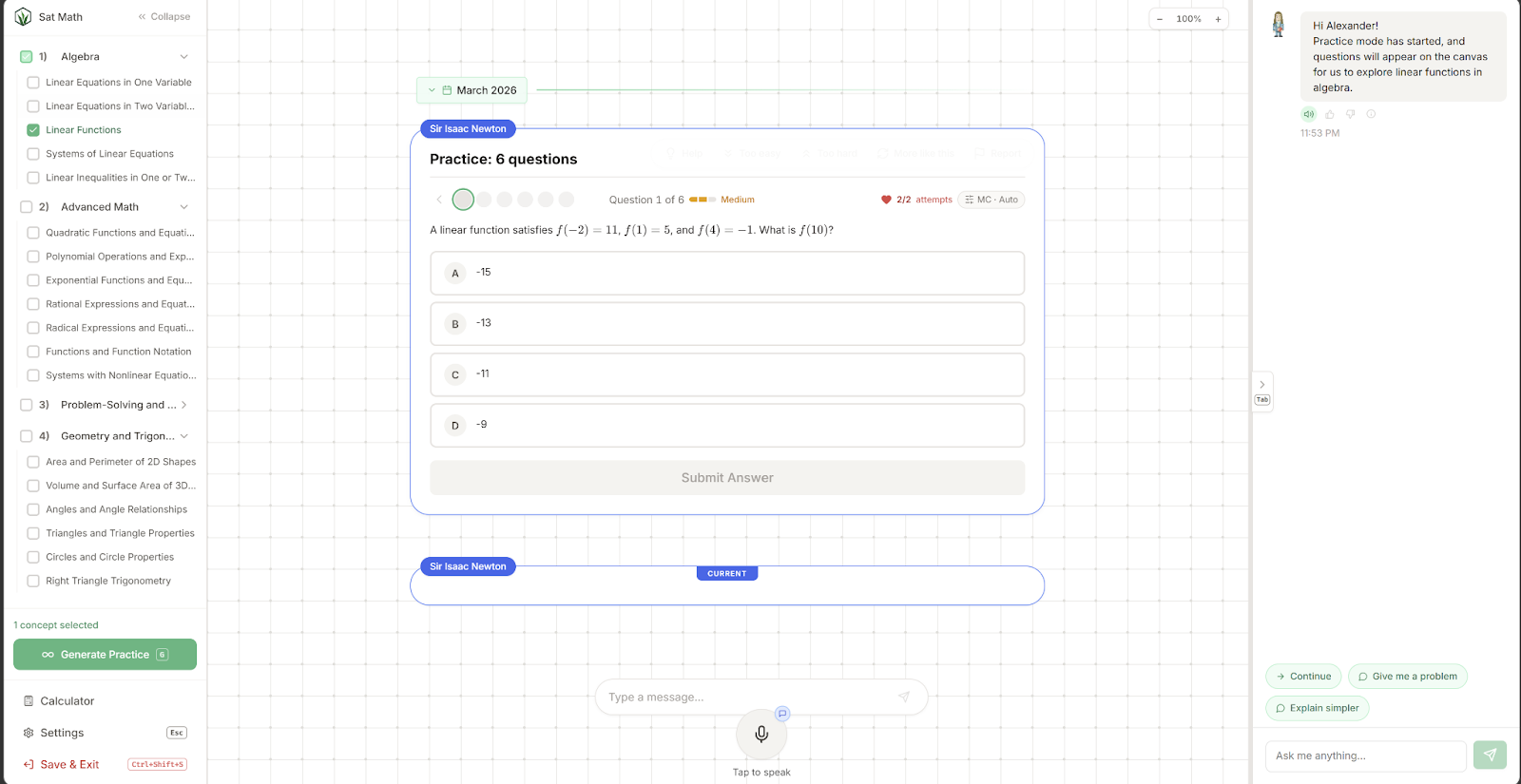 Grassroot practice mode showing a targeted linear functions problem set with tutor chat