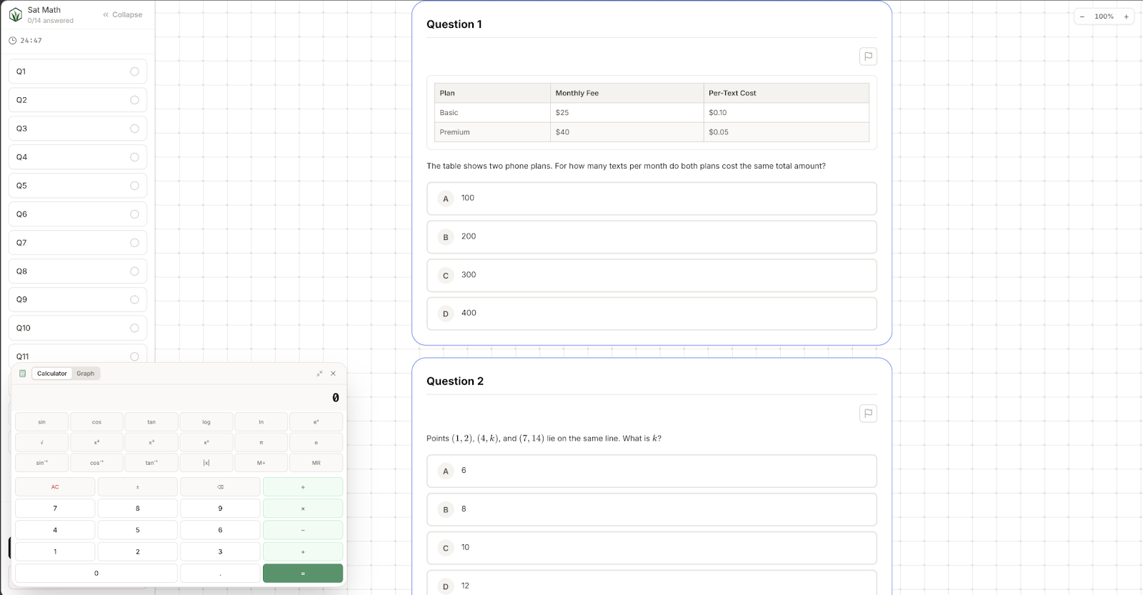 Grassroot timed SAT Math quiz with multiple questions and calculator open
