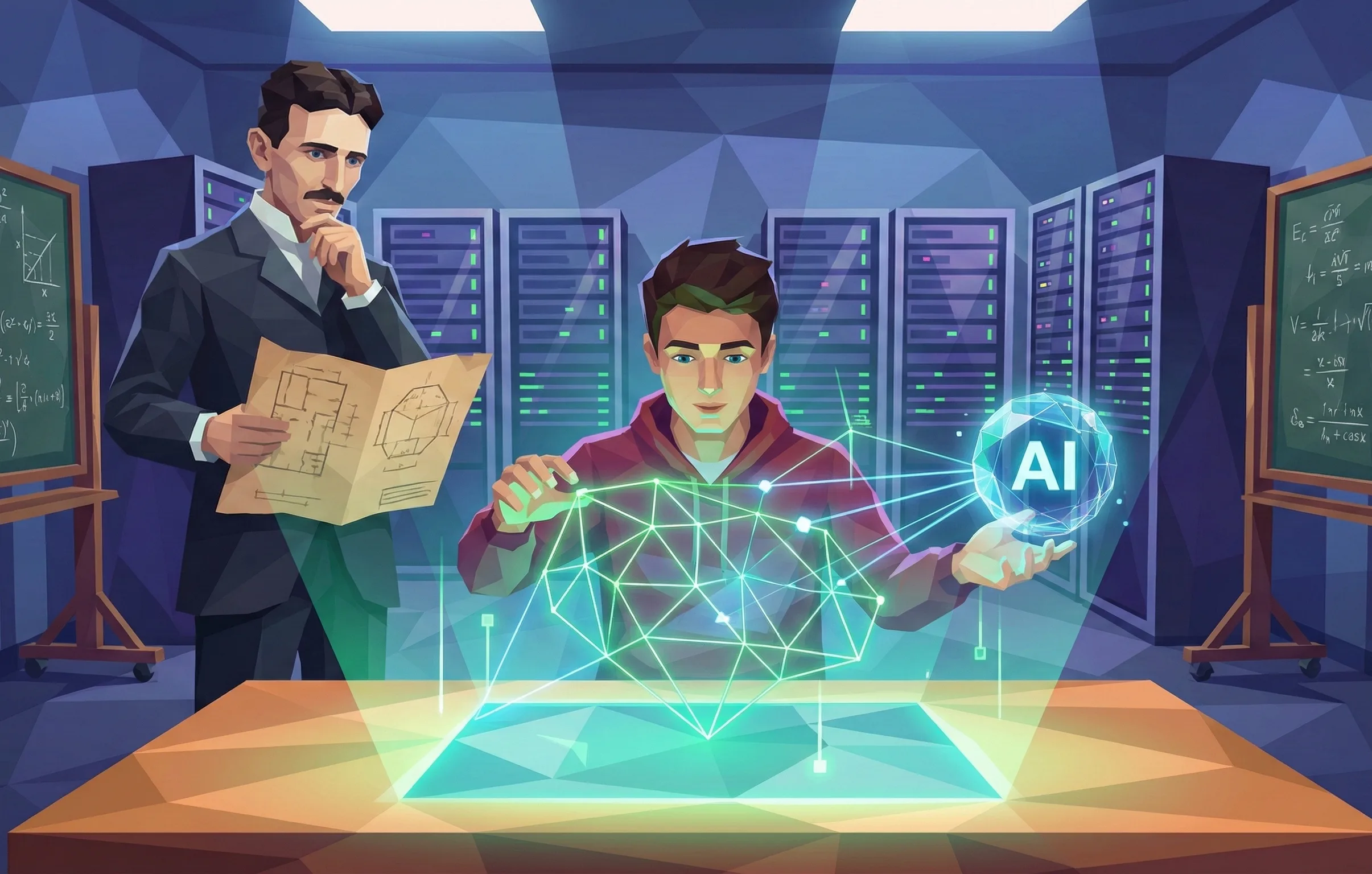 Student interacting with AI hologram in a server room with a mentor figure