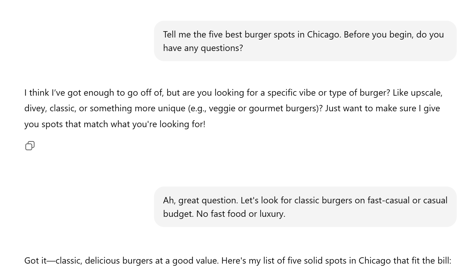 ChatGPT asking clarifying questions about burger preferences