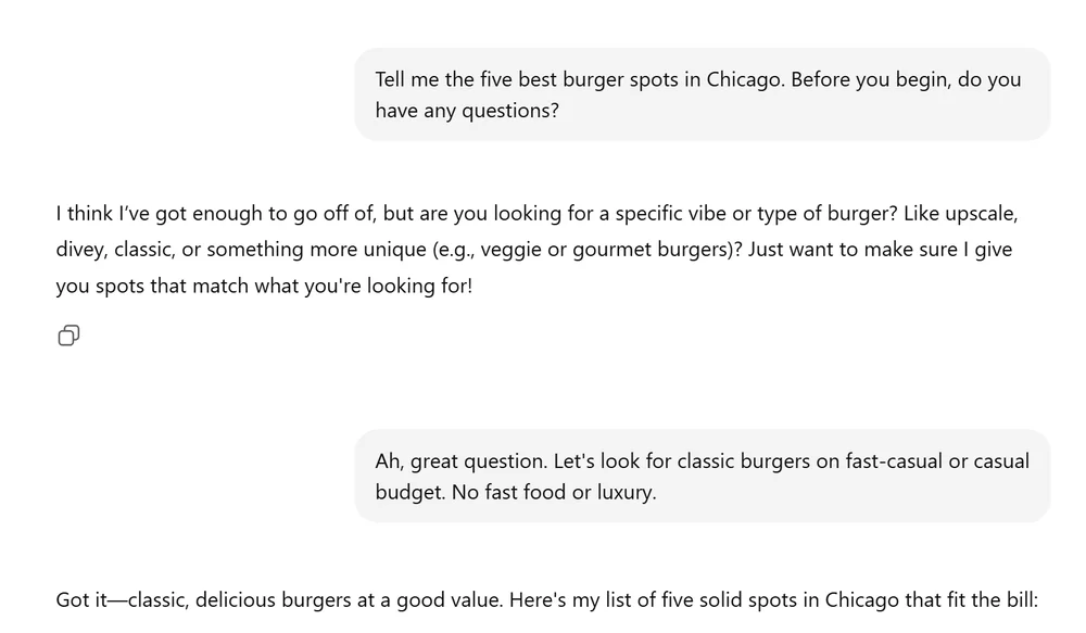 ChatGPT 提出关于汉堡偏好的澄清性问题
