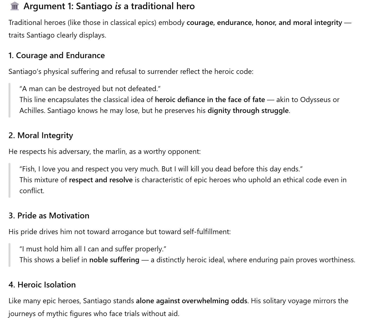 ChatGPT's argument for why Santiago is not a traditional hero