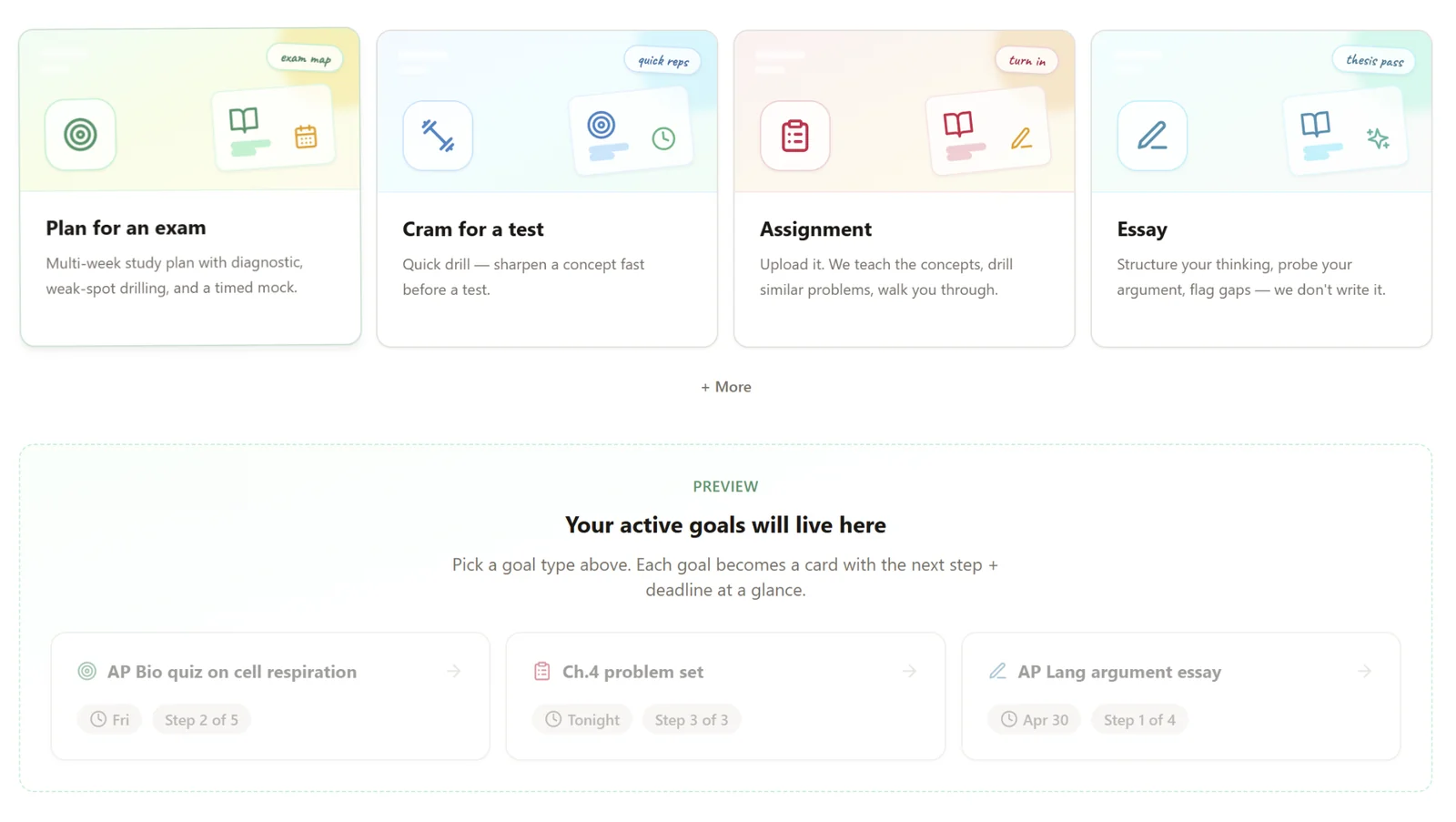 Grassroot goal dashboard showing four study goal types — Plan for an exam, Cram for a test, Assignment, Essay — with active goal cards previewing AP Bio, Ch. 4 problem set, and AP Lang argument essay