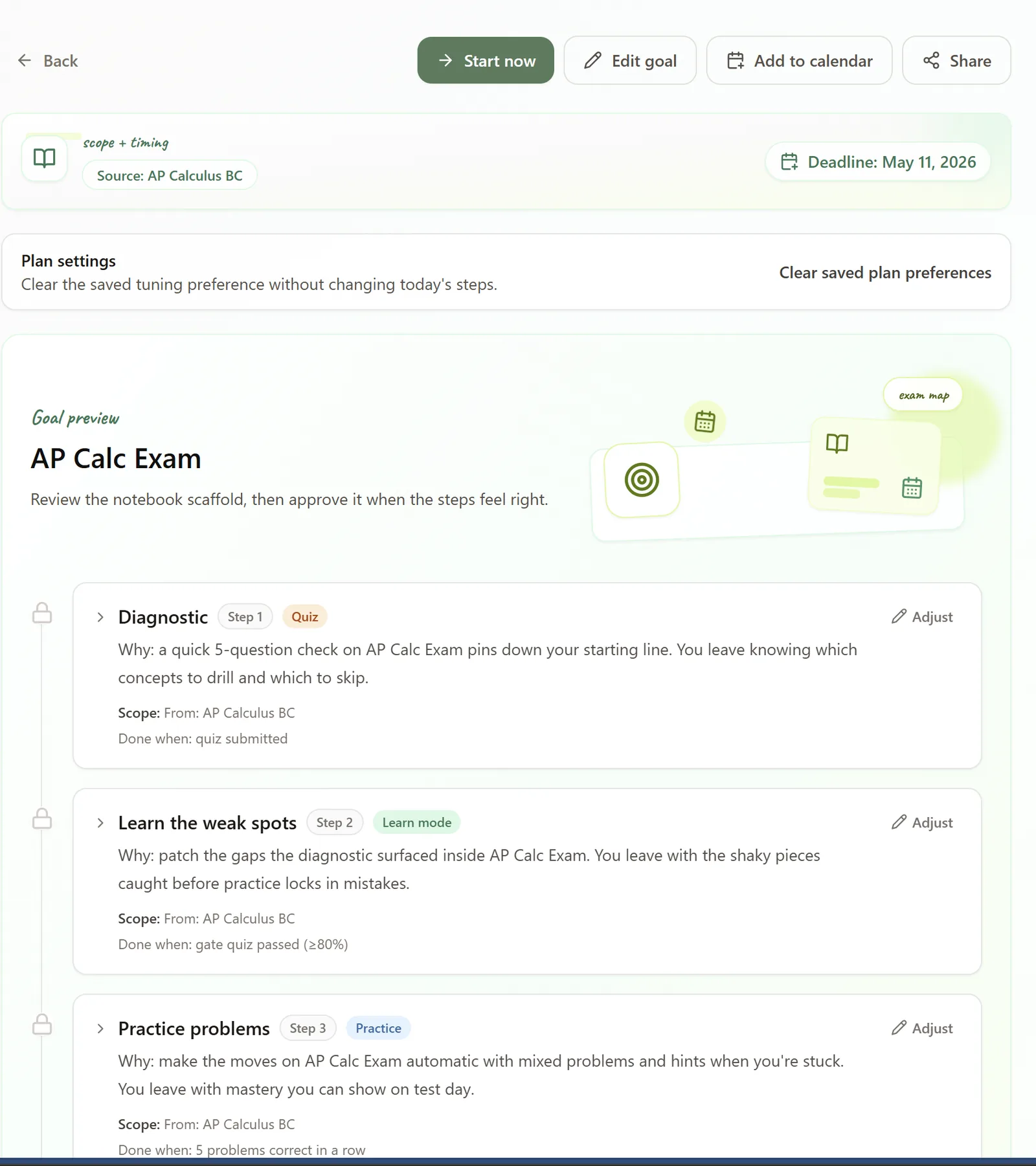 Grassroot AP Calc Exam goal preview showing the May 11 deadline, plan settings, and a step-by-step path through diagnostic, learn-mode, and practice modules