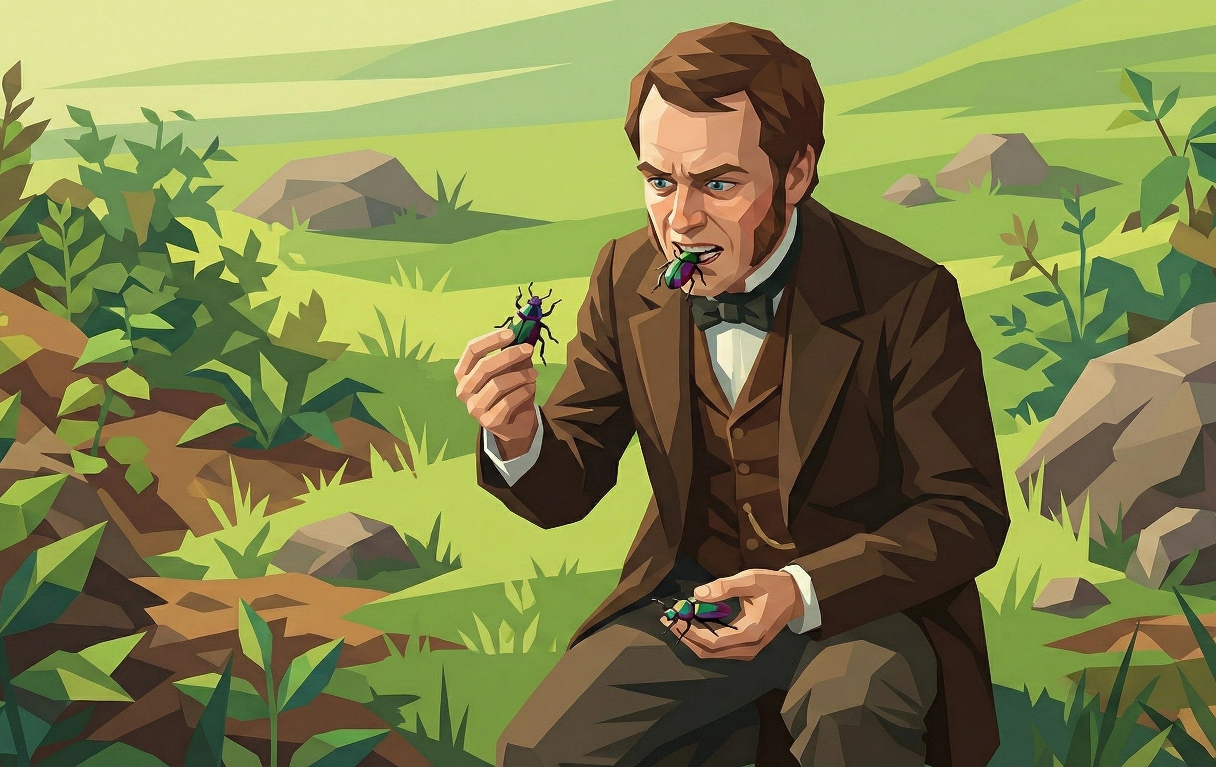 年轻的查尔斯·达尔文在绿色田野里，双手捧着甲虫