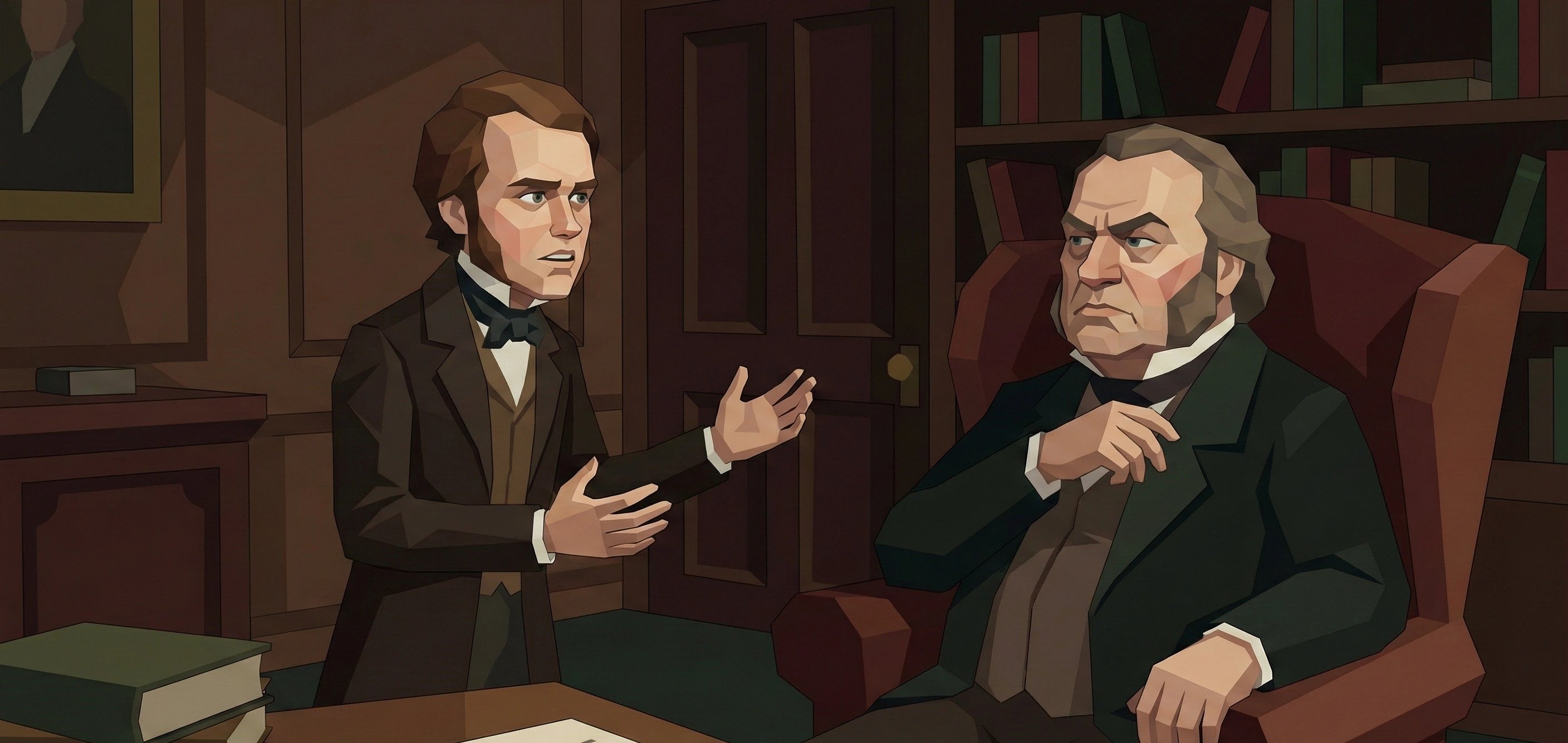 查爾斯在書房裡懇求他嚴厲的父親