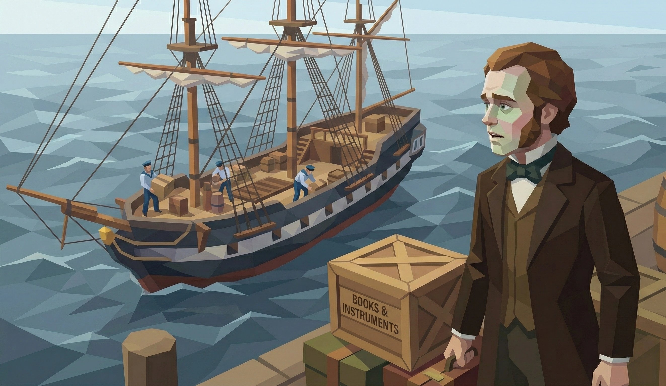 查爾斯·達爾文站在碼頭，身後是正在裝載的小獵犬號