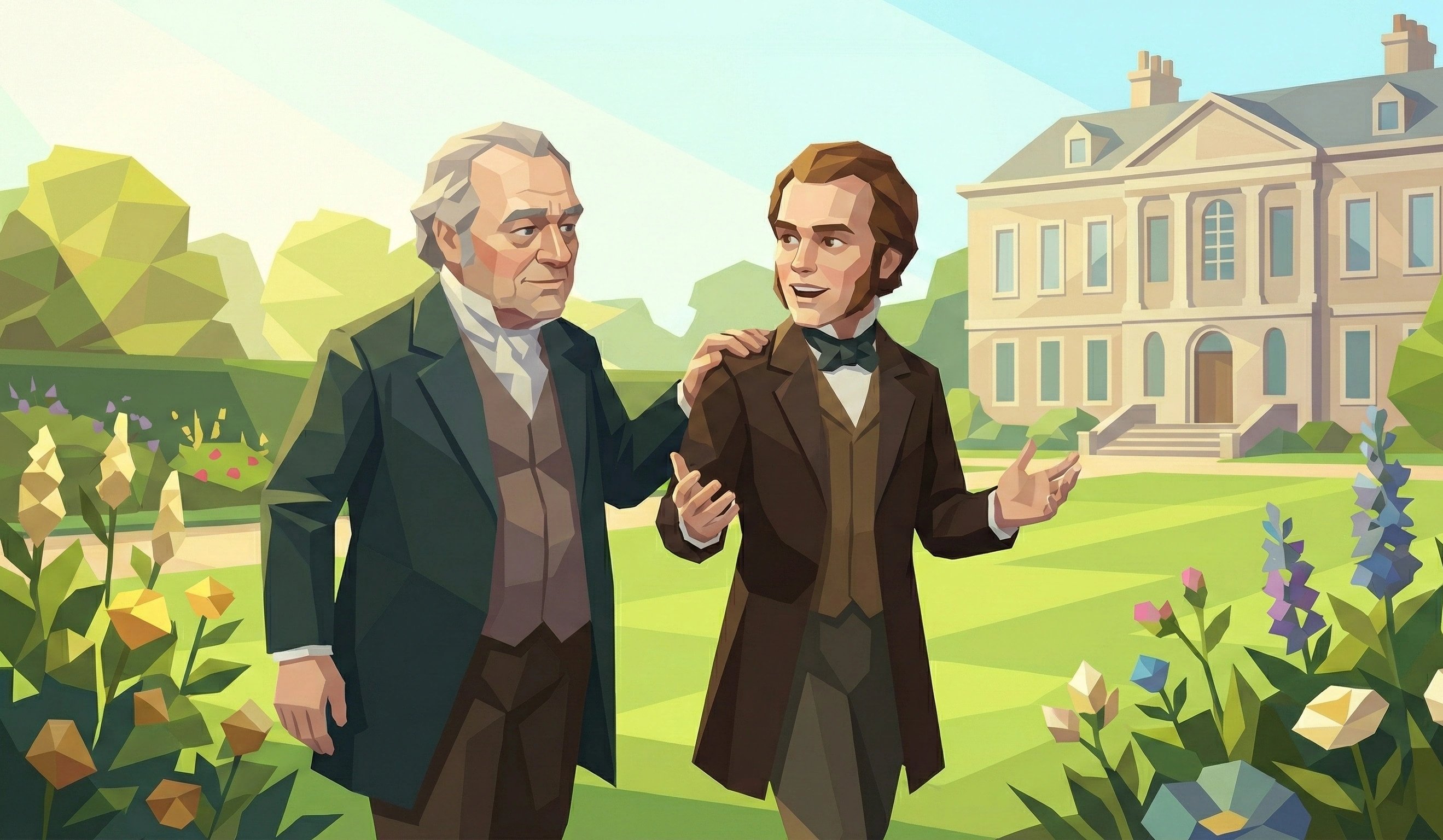 查爾斯和喬賽亞舅舅在陽光照耀的花園裡散步