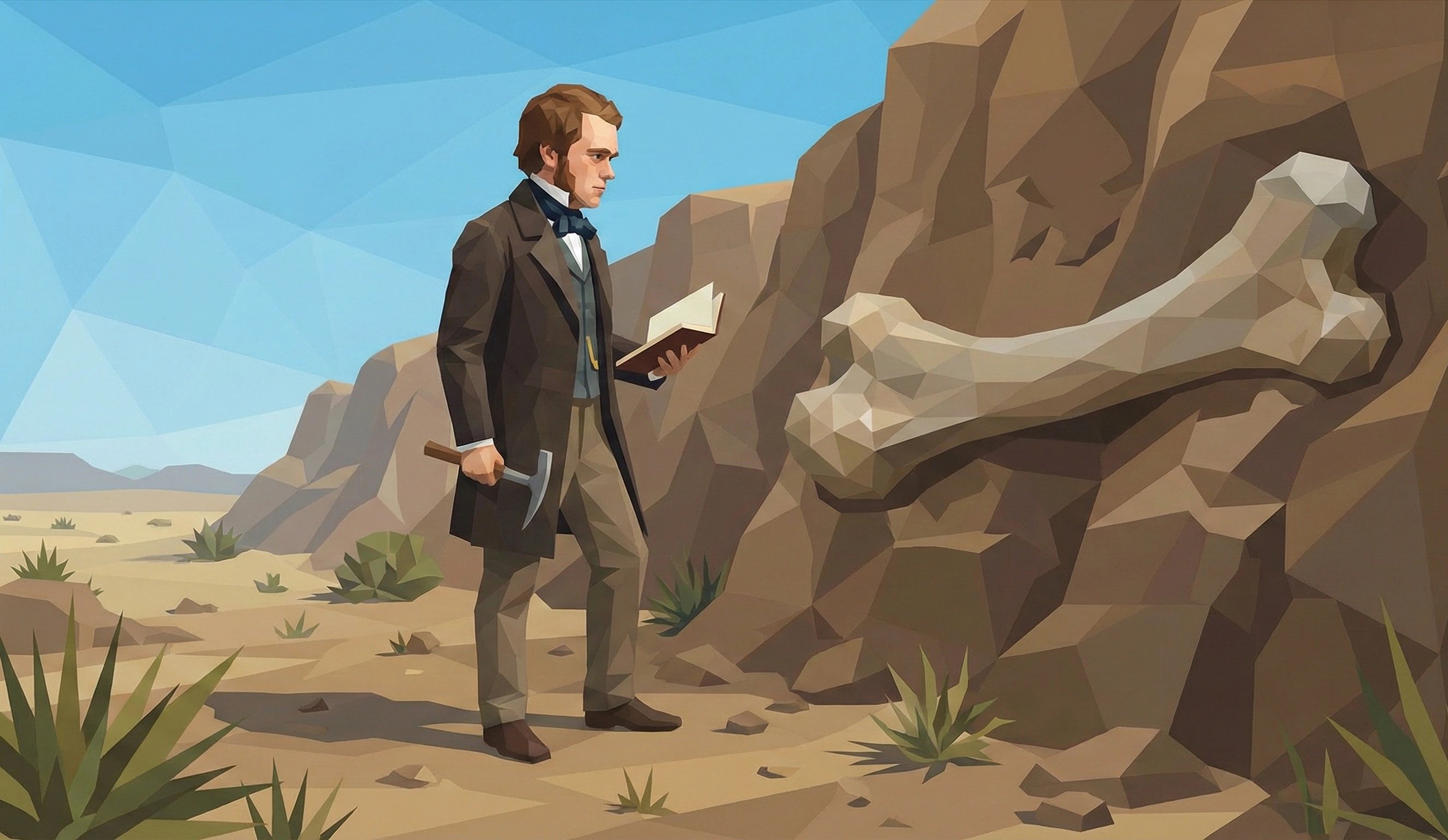 達爾文站在懸崖前，身後是巨大的化石骨骼