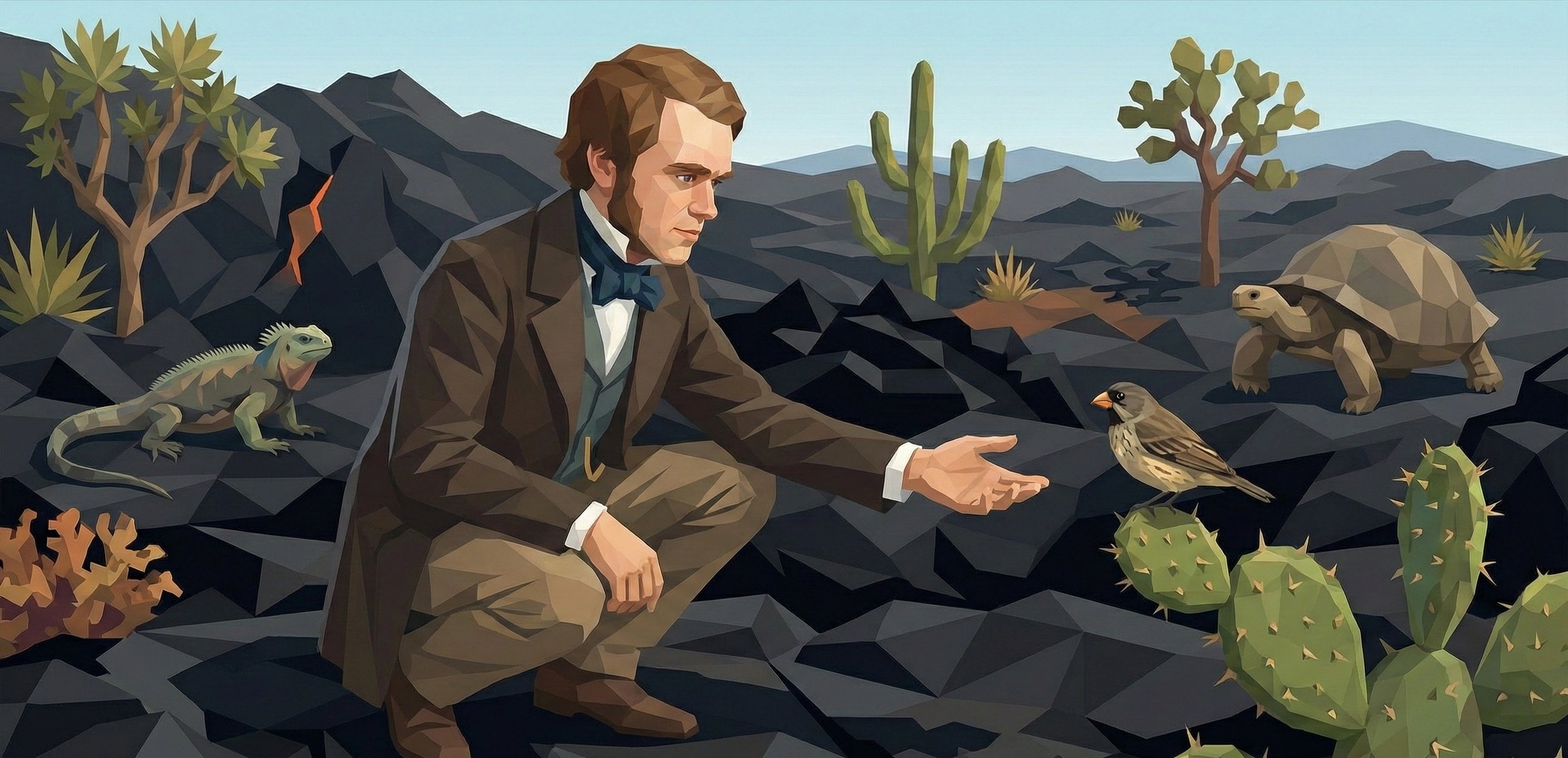 達爾文蹲在黑色火山岩上，伸手靠近一只不怕人的雀鳥