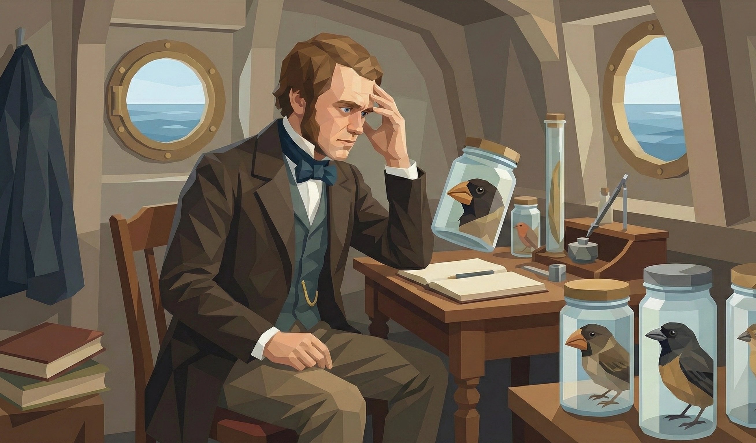 達爾文在船舱裡，周圍擺滿了雀鳥標本罐