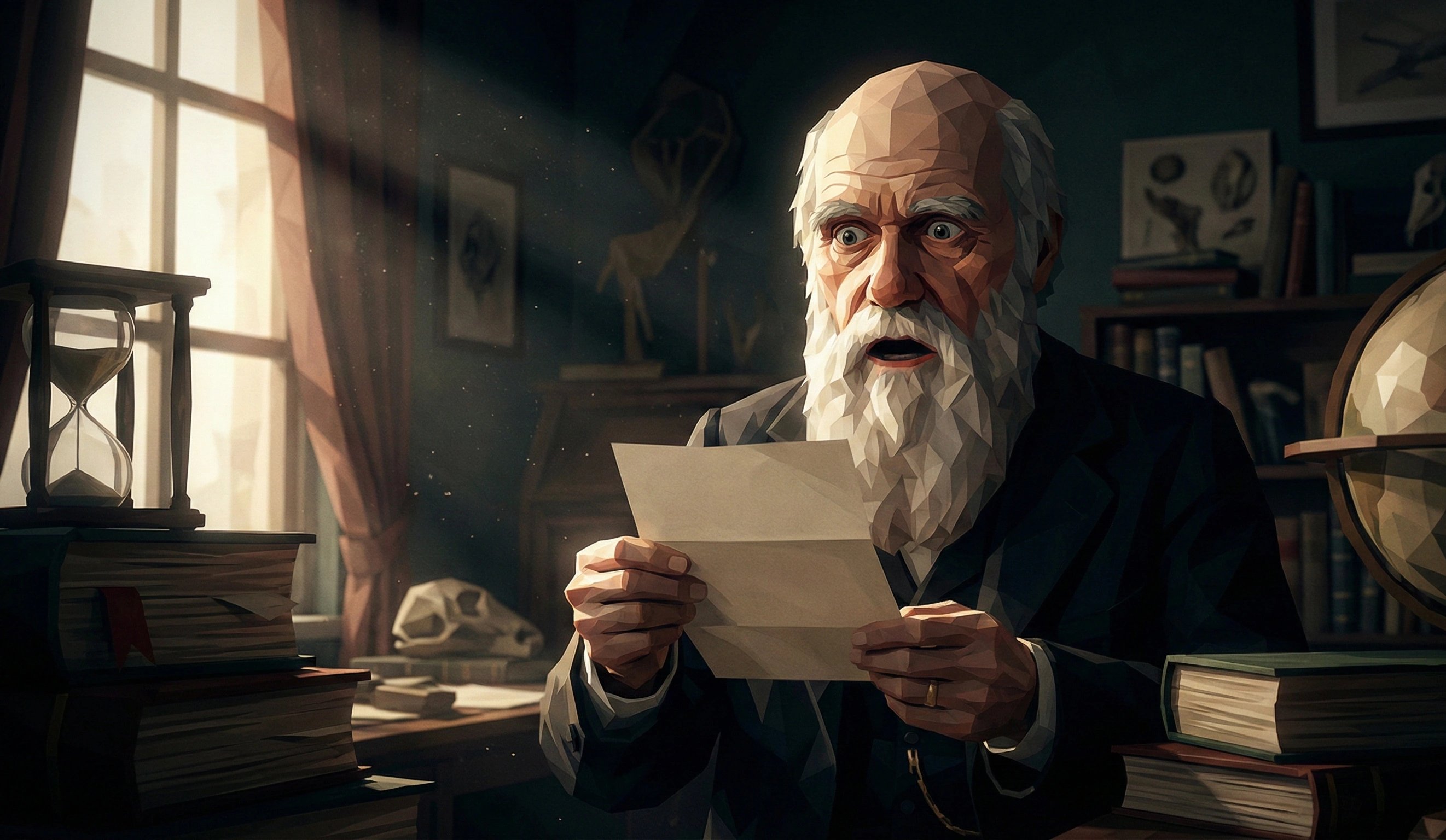 達爾文讀著華萊士的信，滿臉震驚