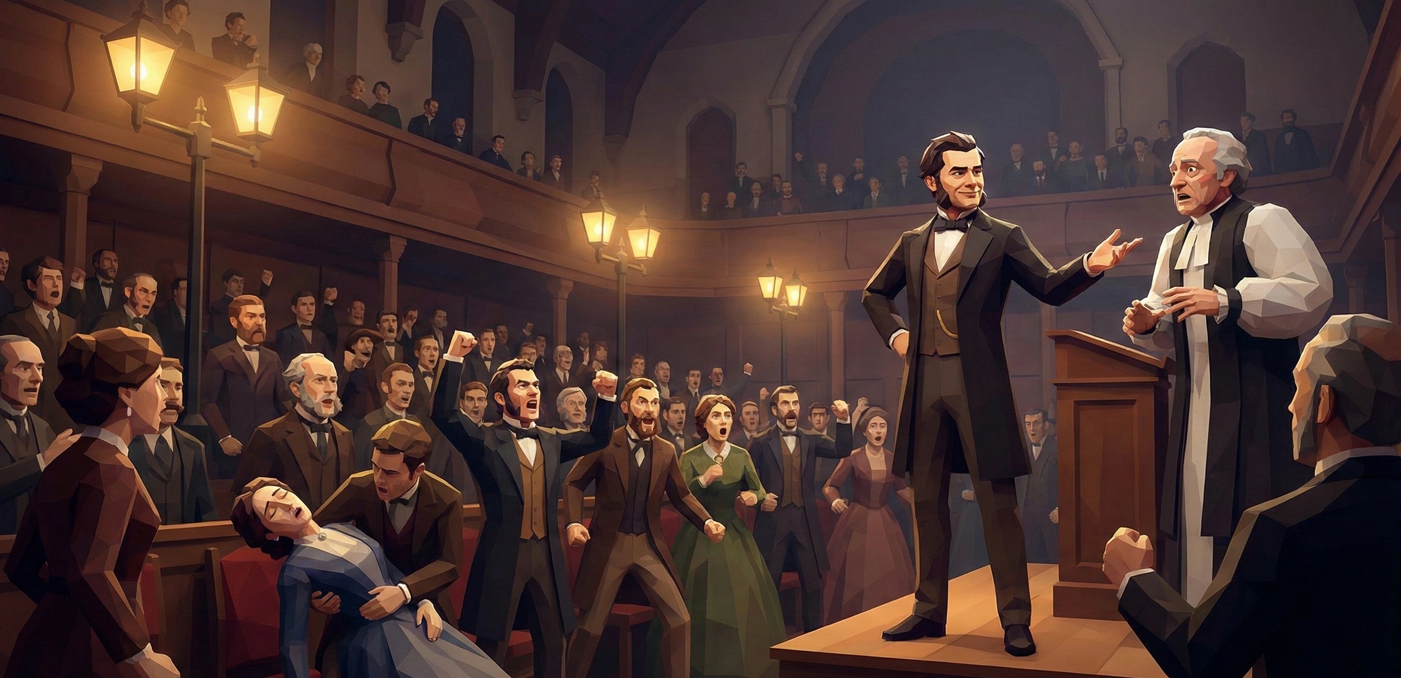 赫胥黎在牛津辩论会上胜利地站着