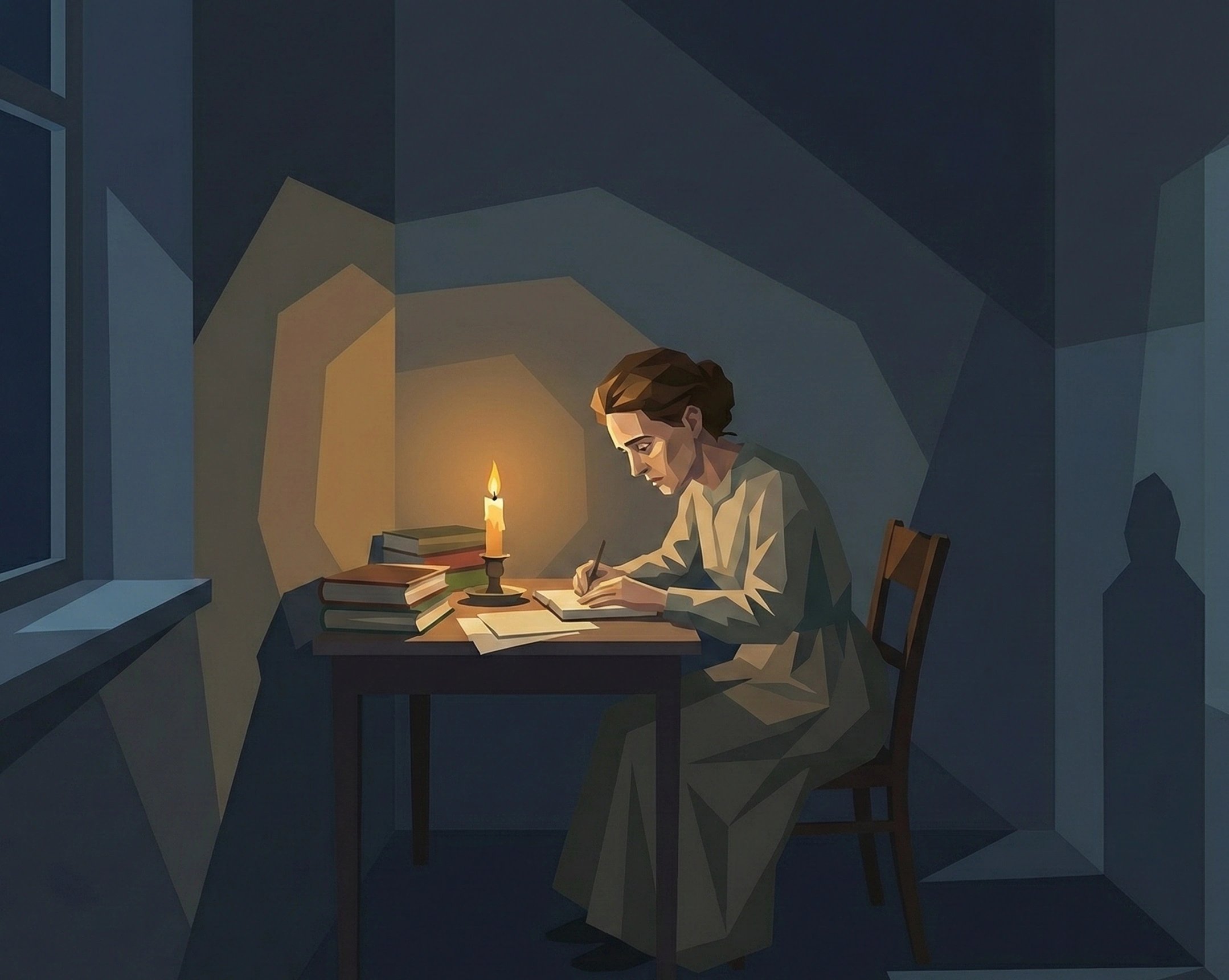 玛丽深夜独自在烛光下学习