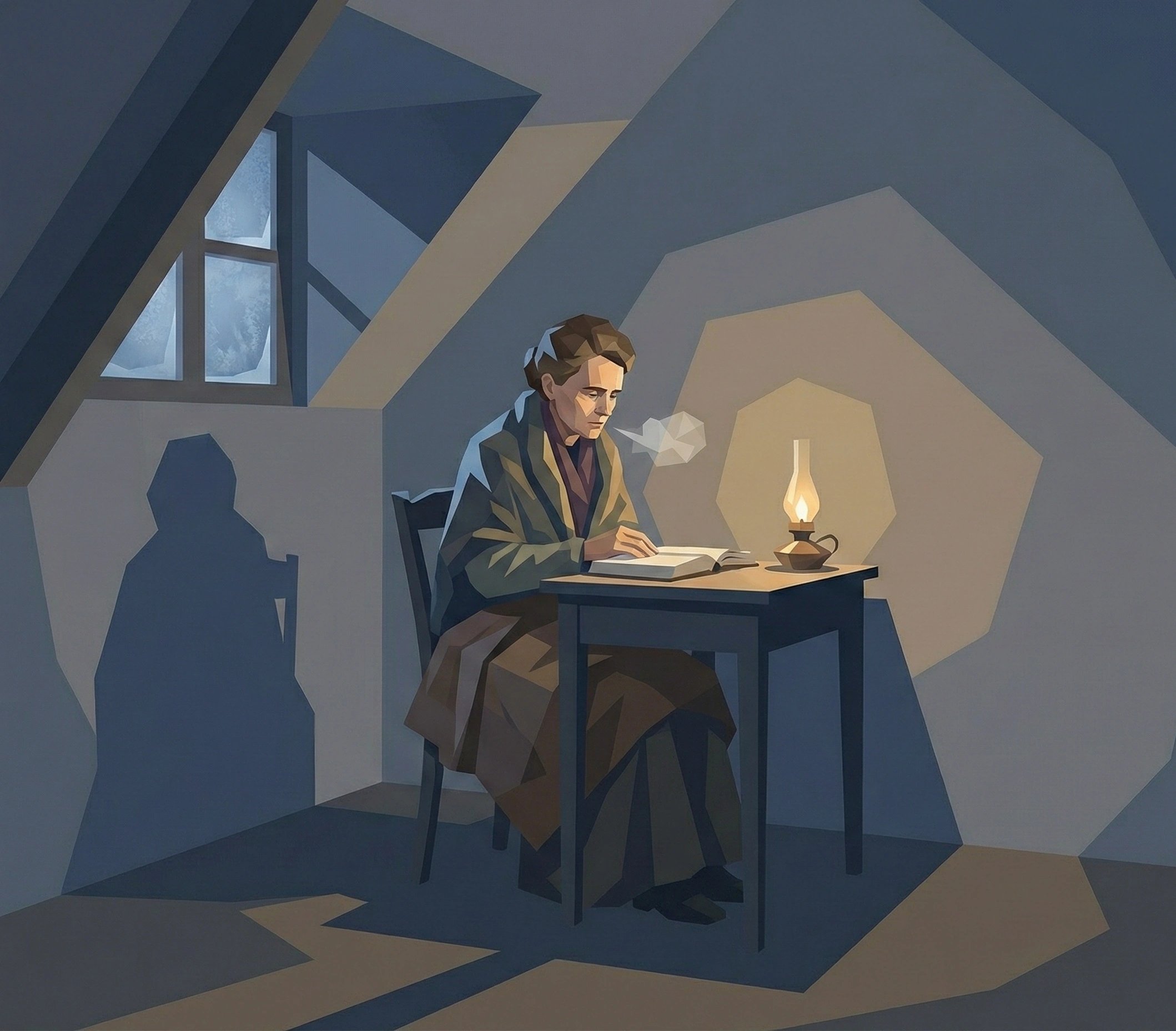 玛丽独自在她六楼冰冷的阁楼房间里学习