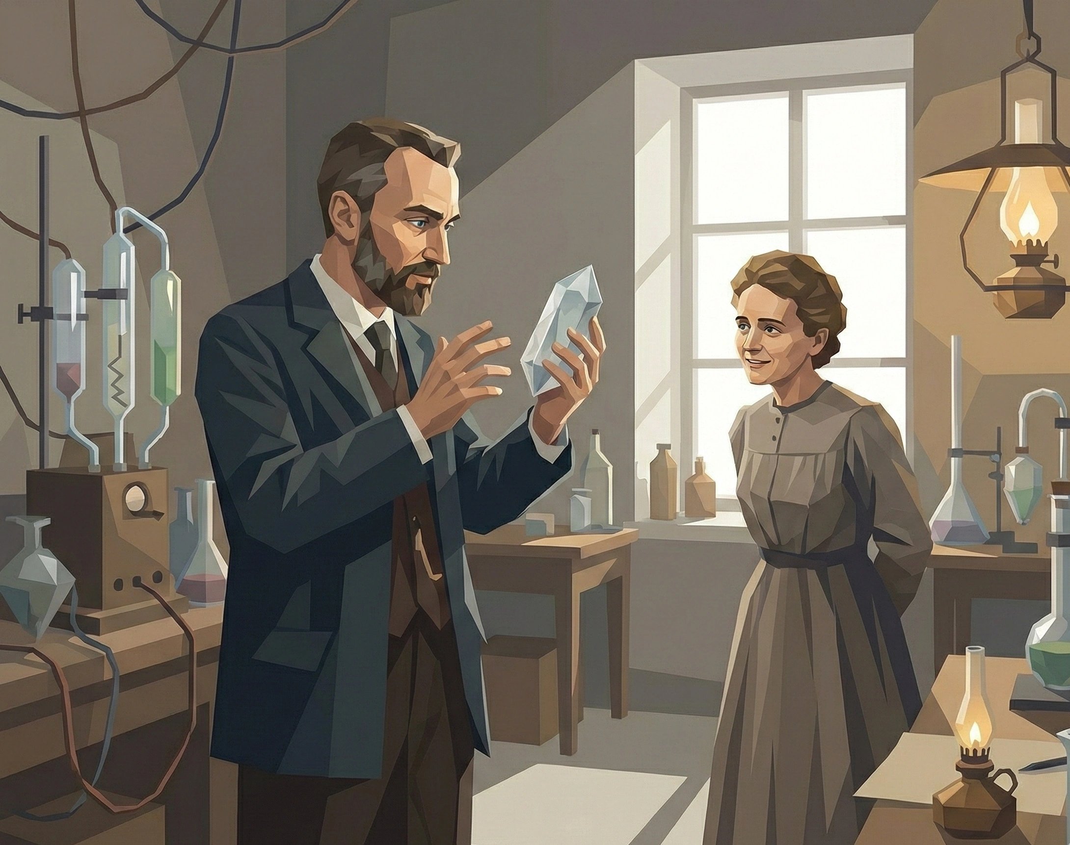 皮埃尔兴奋地向玛丽展示一块晶体