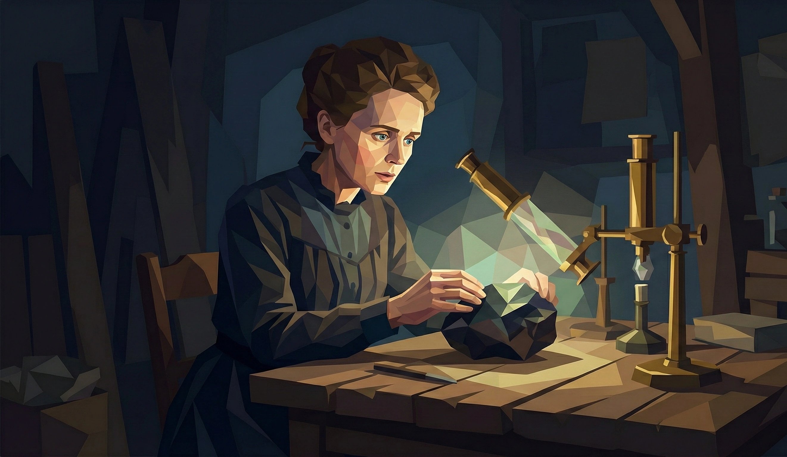 玛丽在棚屋里检查沥青铀矿