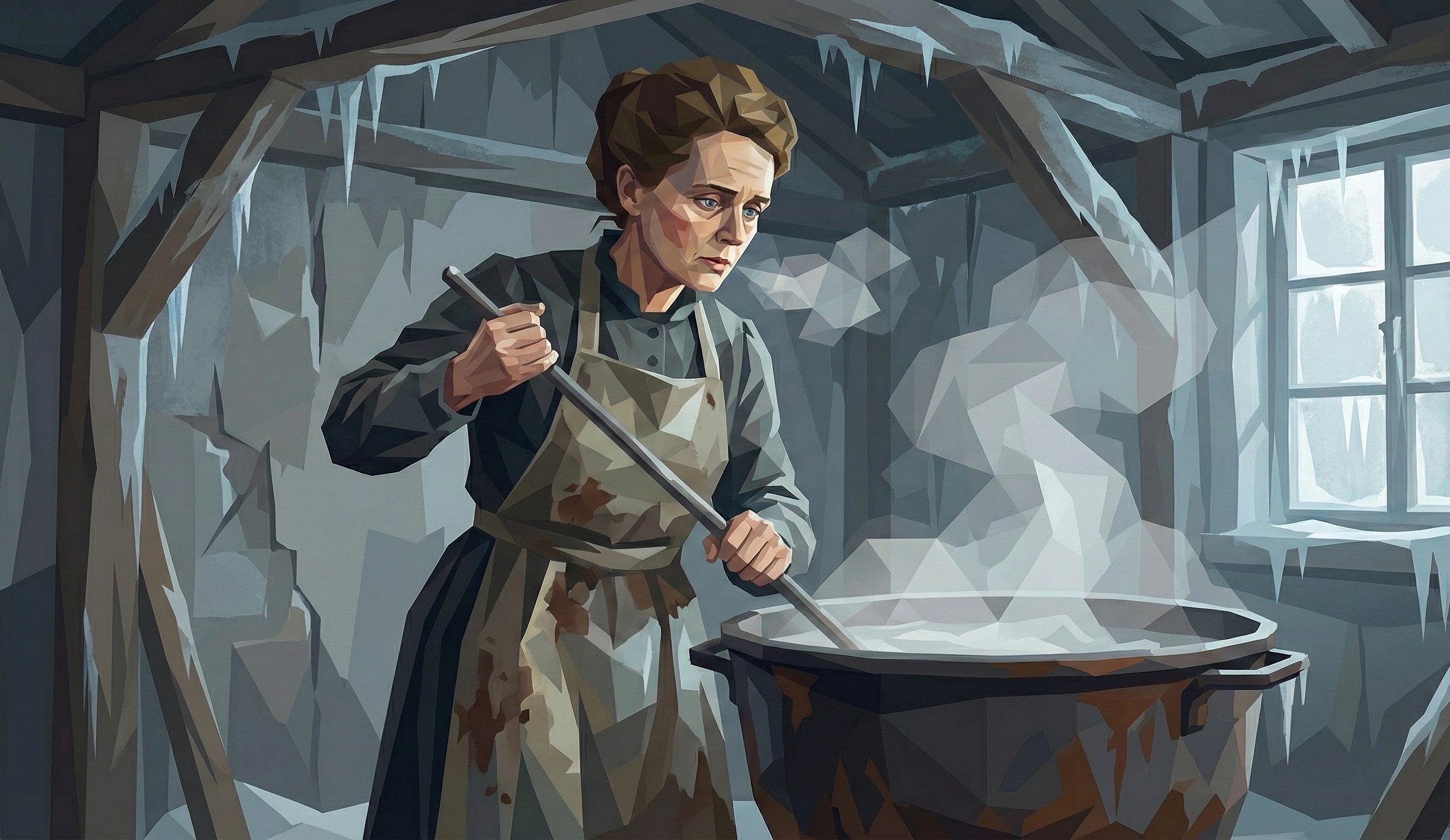 玛丽在棚屋里搅拌一大锅沥青铀矿