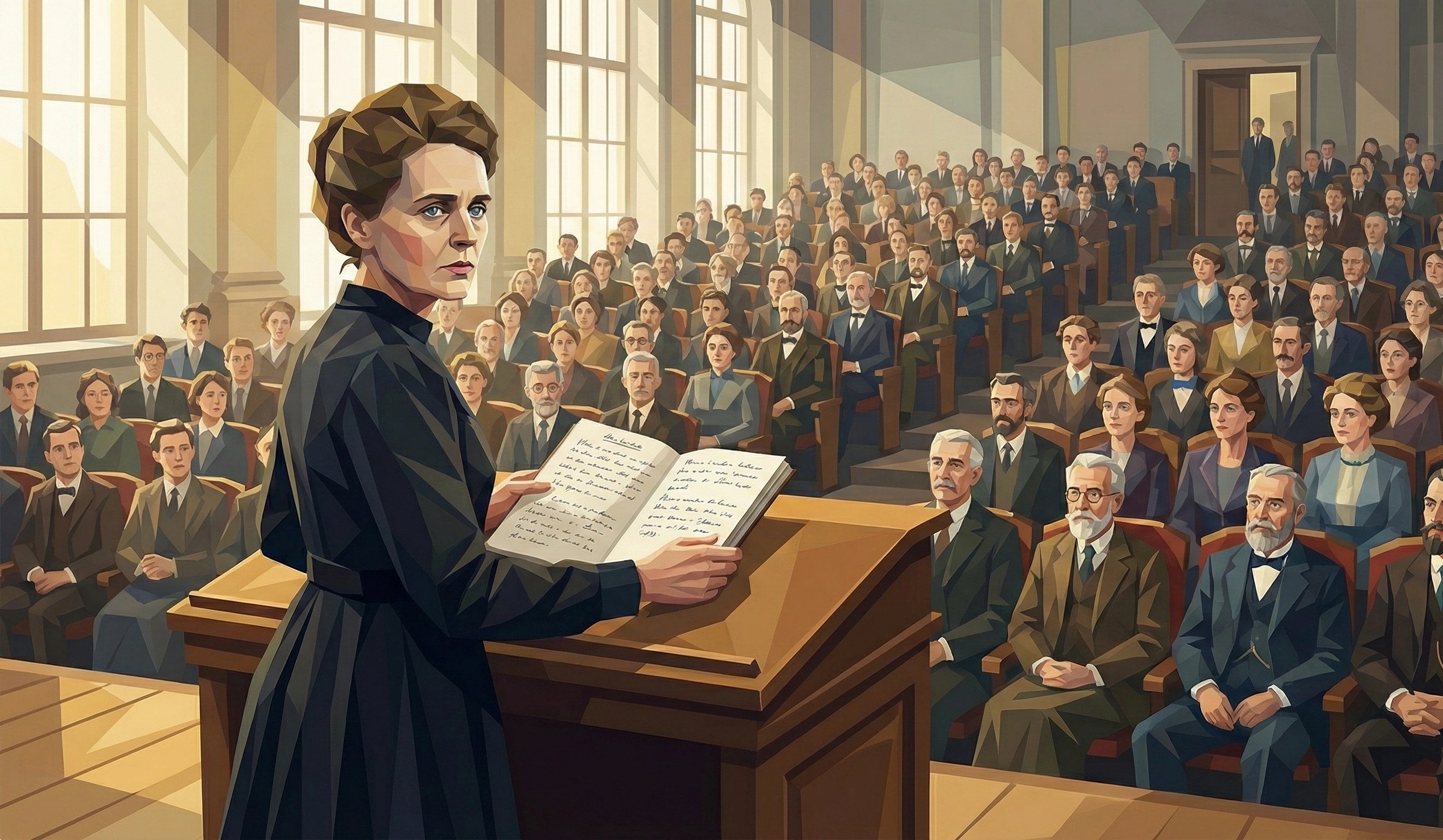 玛丽站在讲台，手握皮埃尔笔记，台下500人注视