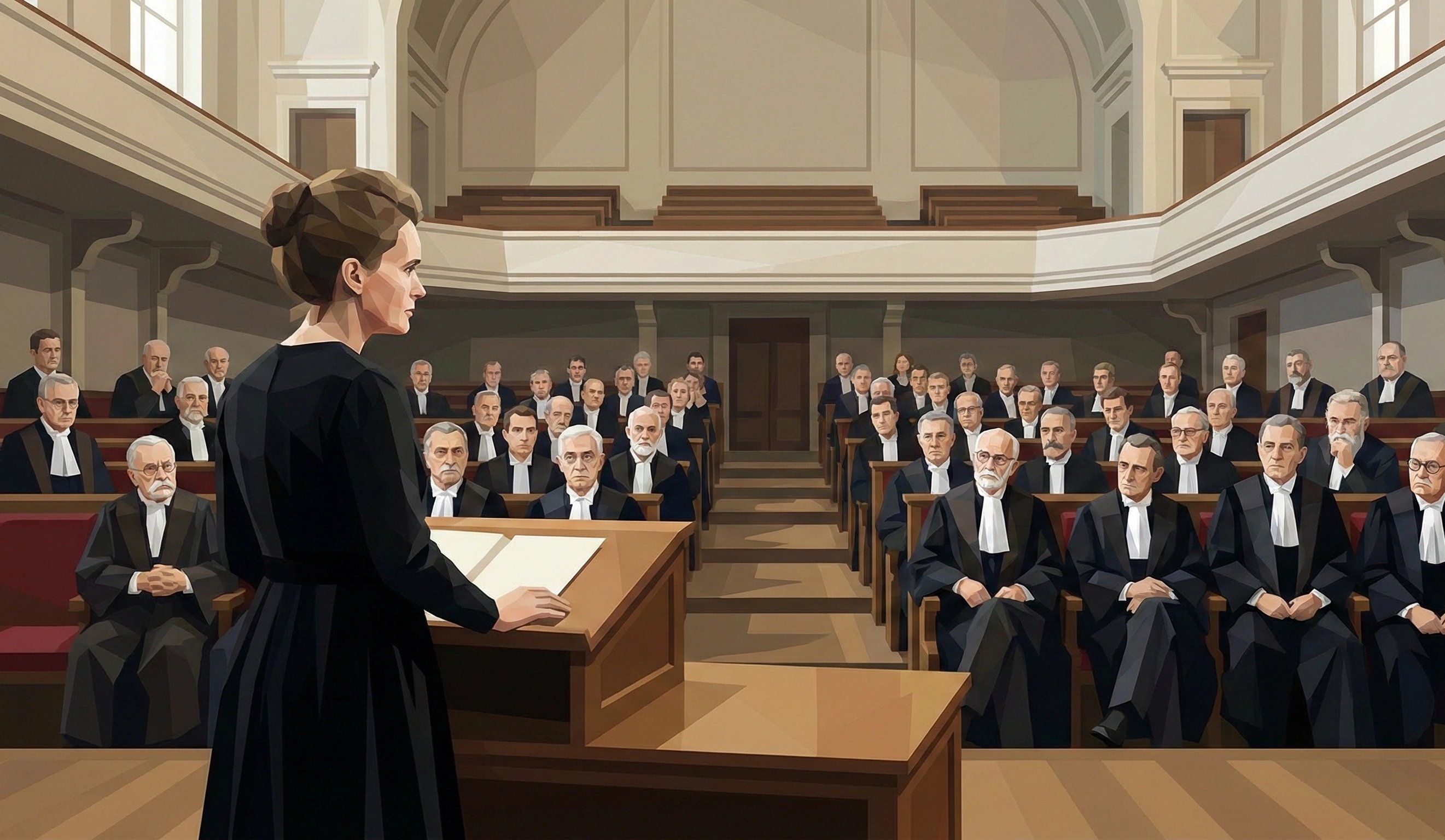 玛丽站在清一色男性的法国科学院前