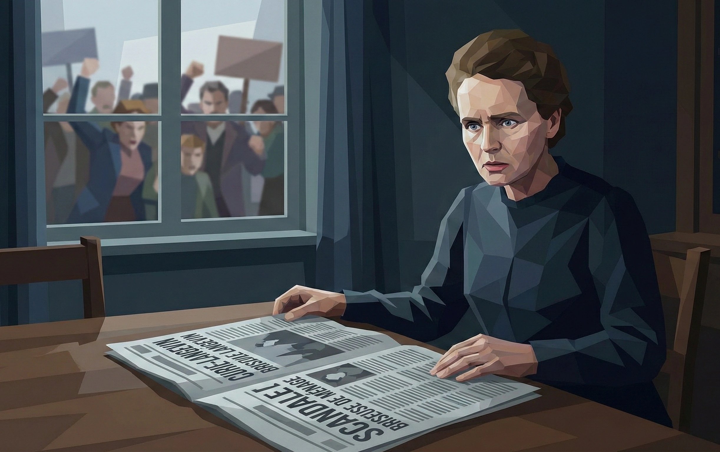 玛丽盯着报纸头版的SCANDALE标题