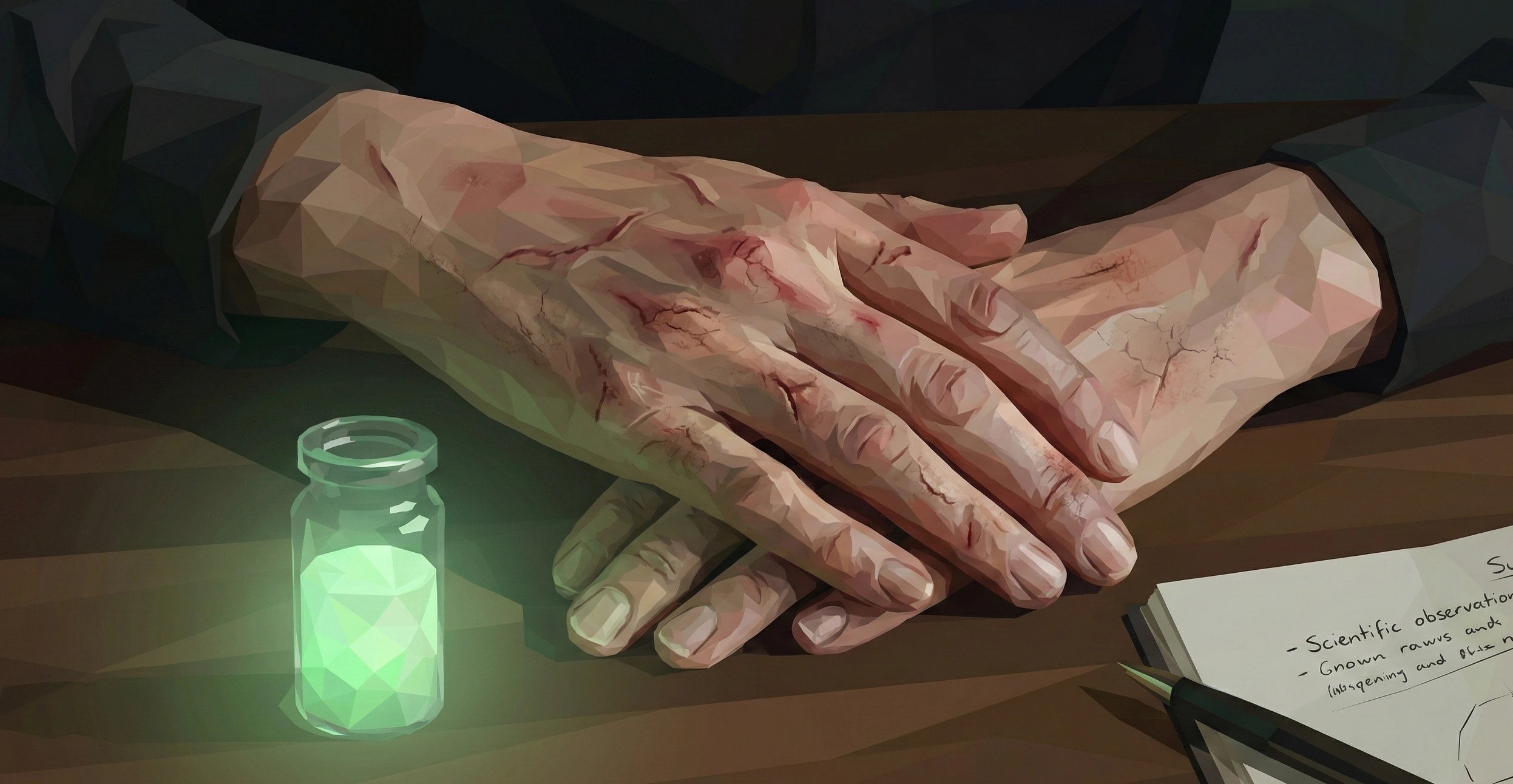 玛丽被辐射灼伤的手与发光的试管