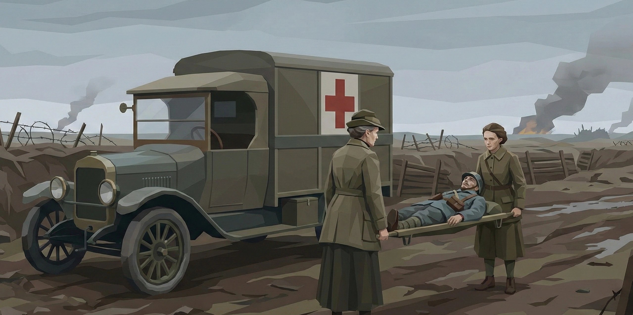 玛丽与女儿伊雷娜在战场上的移动X光车旁