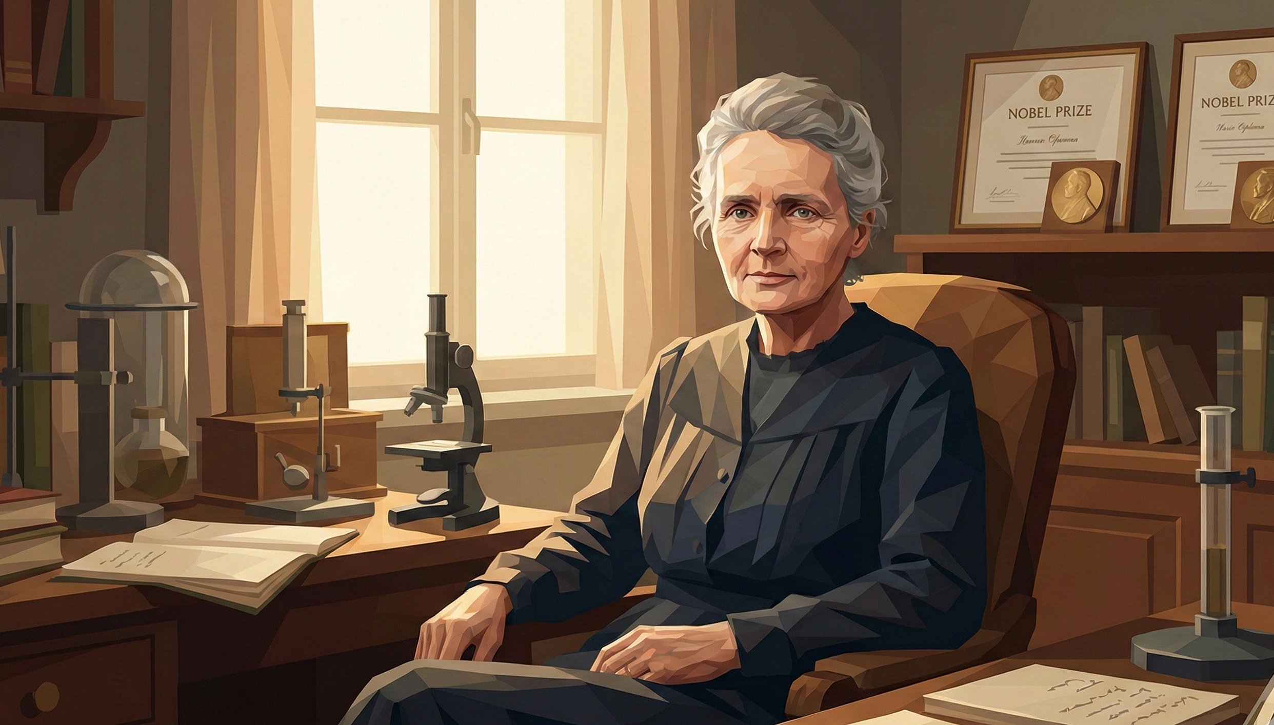 年迈的玛丽·居里在办公室，被毕生研究环绕