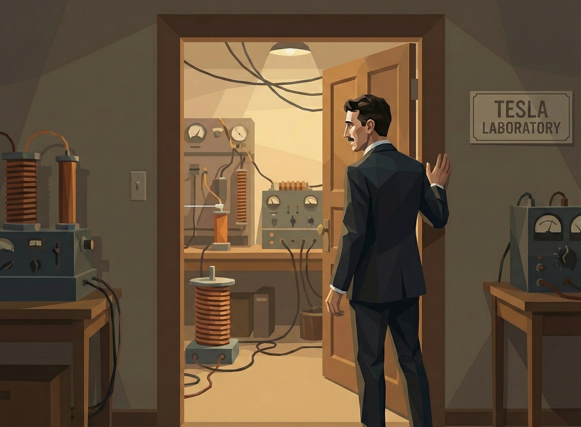 特斯拉站在实验室门口