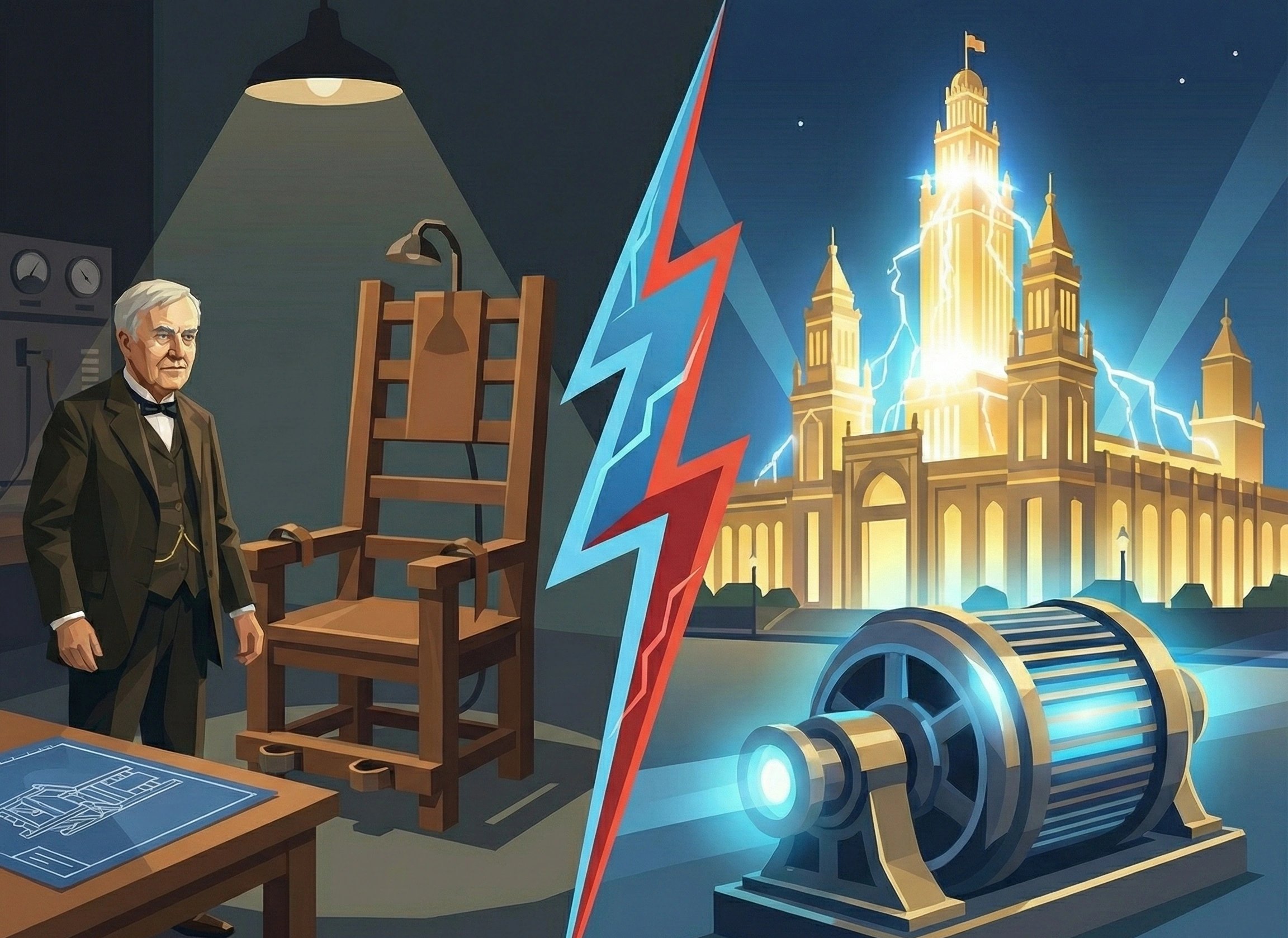 爱迪生与电椅阴影，远处是芝加哥世博会