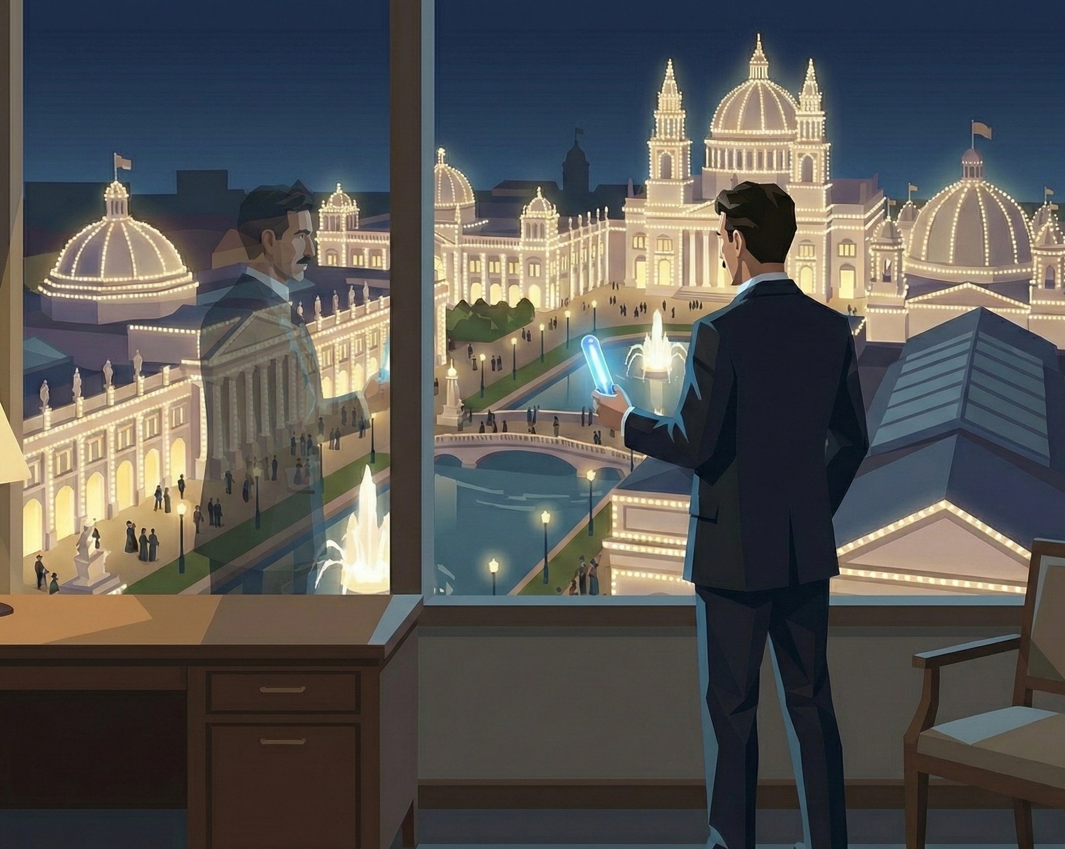 特斯拉在酒店窗前俯瞰发光的白城