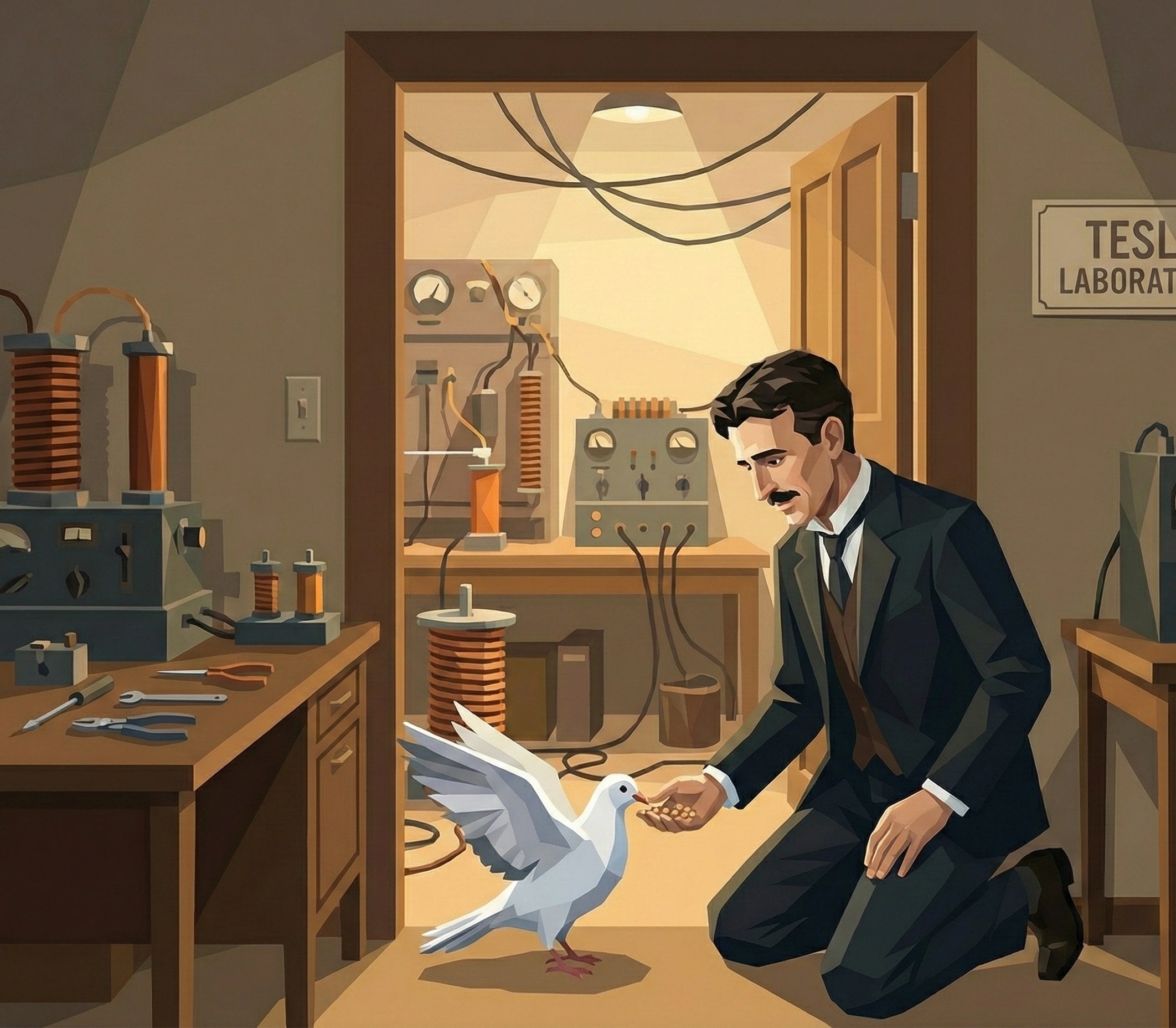 特斯拉在实验室里轻抚白鸽