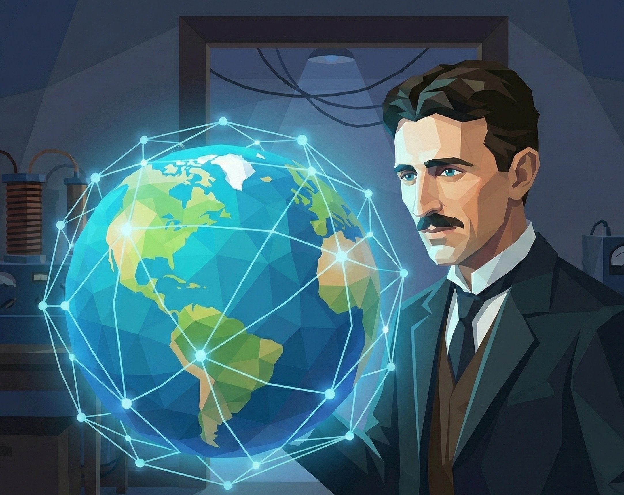 特斯拉站在发光地球装置旁，设想无线能源